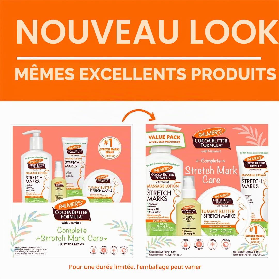 Palmer's Kit complet de soin des vergetures au beurre de cacao | Lotion de massage | Crème de massage | Beurre pour le ventre | Plus d'huile thérapeutique pour la peau pour le corps