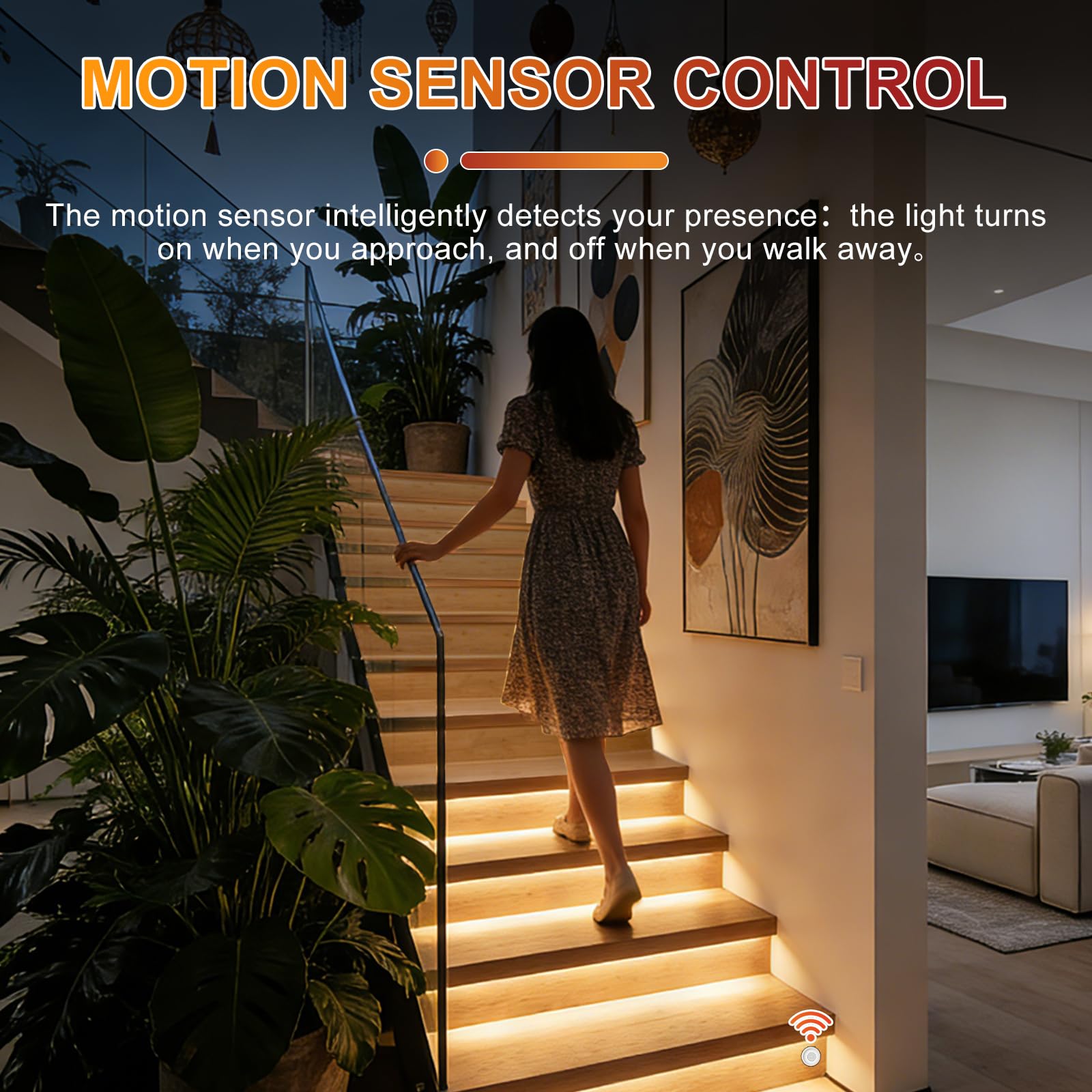 Illuminazione LED per scale, 10 livelli, bianco caldo, 3000 K, Smart Stair Light con app, telecomando RF e sensore di movimento PIR, set di strisce LED COB per interni