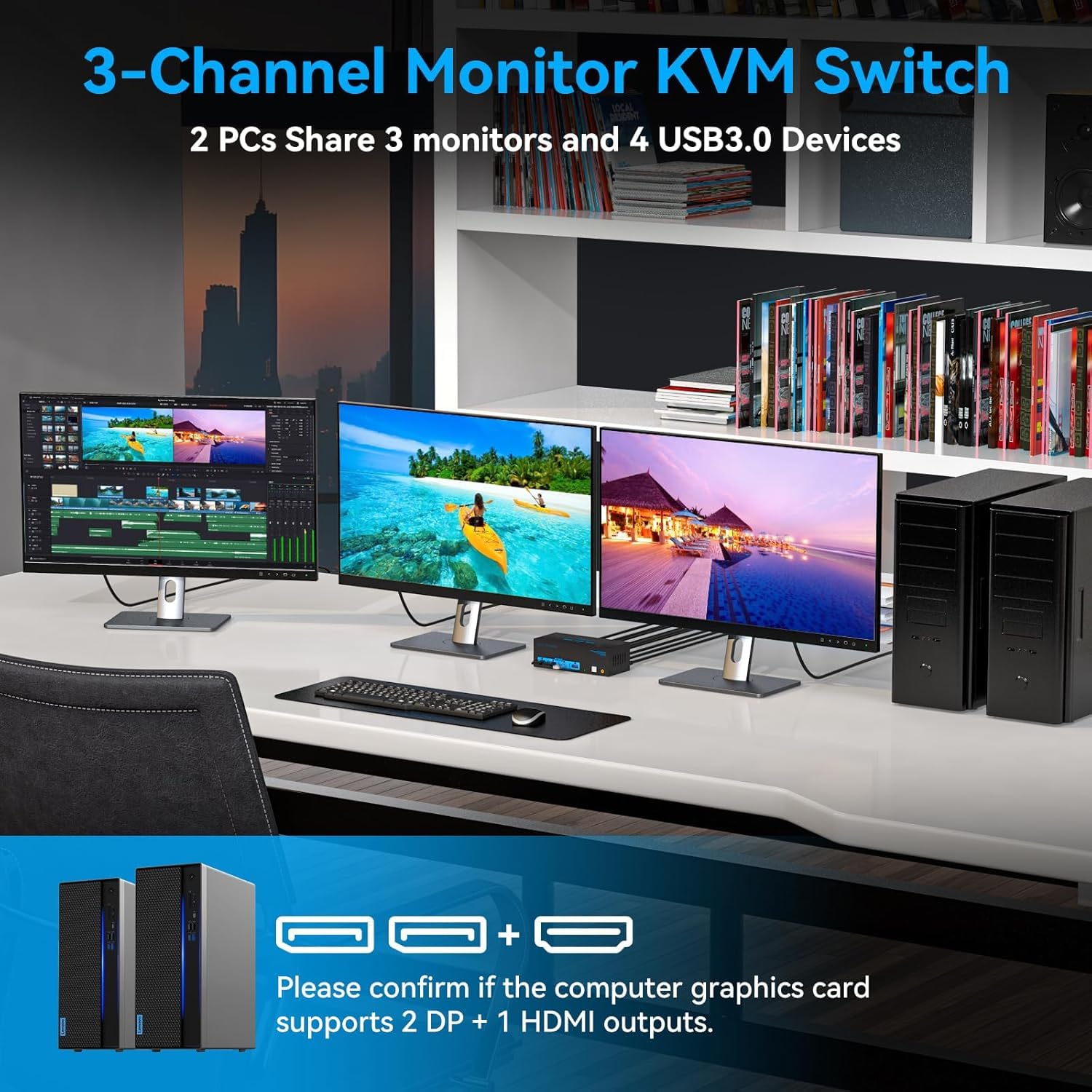 VPFET 8K60Hz Displayport HDMI KVM Switch 2 PC 3 monitory USB 3.0 DP1.4 + HDMI 2.1 przełącznik KVM do dwóch części komputerowych, trzy monitory i 4 urządzenia USB z 2 kablami USB i kontrolerem
