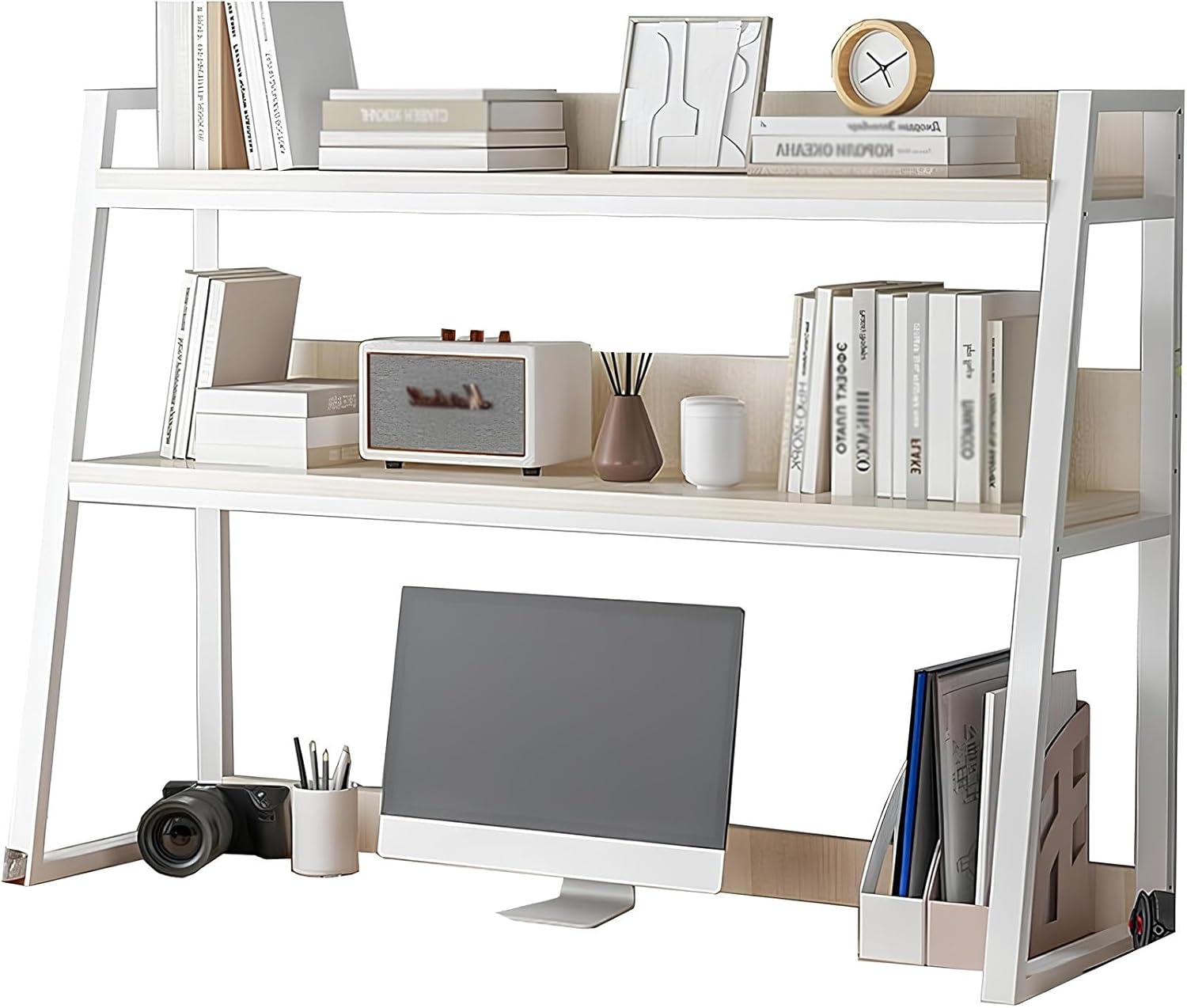 White Desk Hutch Dorm, Desktop Bookshelf for Computer Desk, Dorm Room Desk Hutch, Ladder Desktop Shelf for Home, Dorm, Office SuppliesBrown-Large