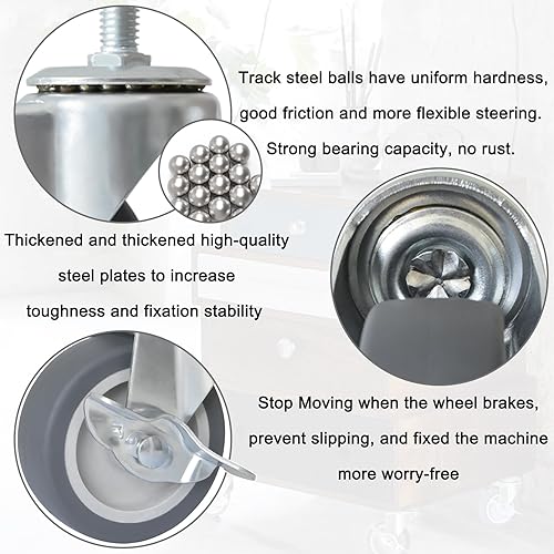 Miniatura 5 de AAGUT Ruedas giratorias de 3 pulgadas con frenos de bloqueo, goma resistente M10 x 1.5 pulgadas, ruedas industriales de repuesto para banco de