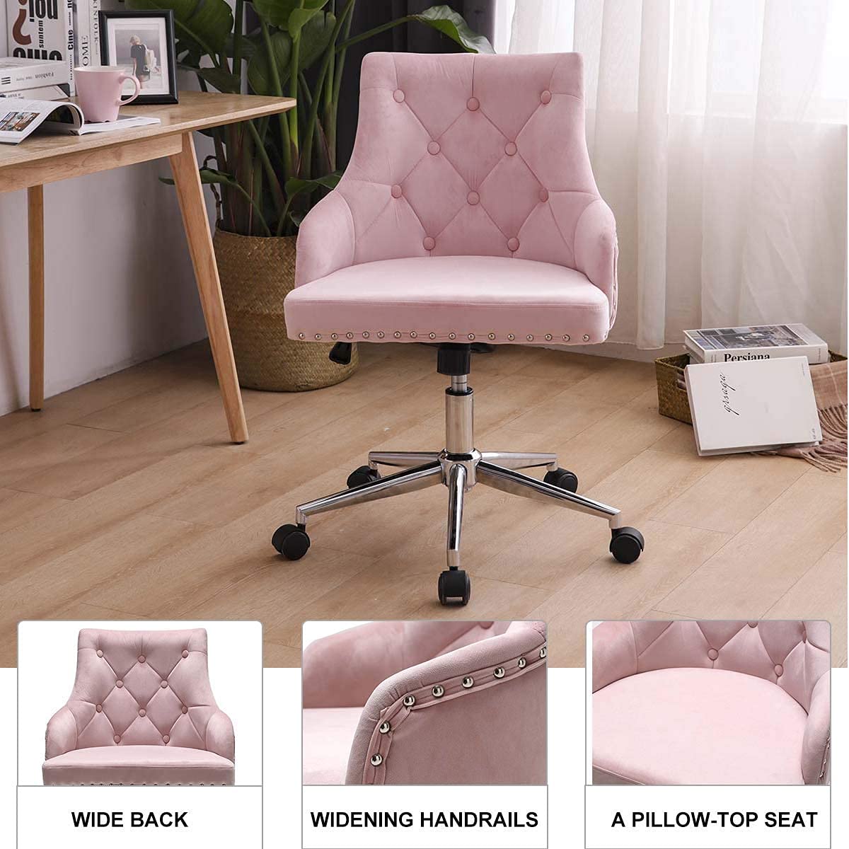 Hironpal PInk Crushed Velvet Fabric Home Office Chair Swivel High