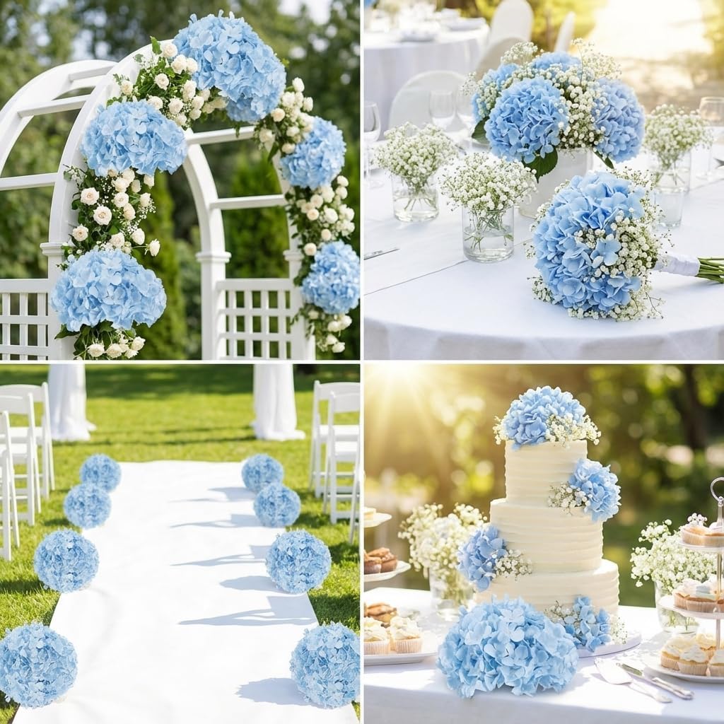 65PCS Blue Artificial Hydrangea Flowers Bulk with Stems, Silk Faux Hydrangea Heads for Nautical Theme Party