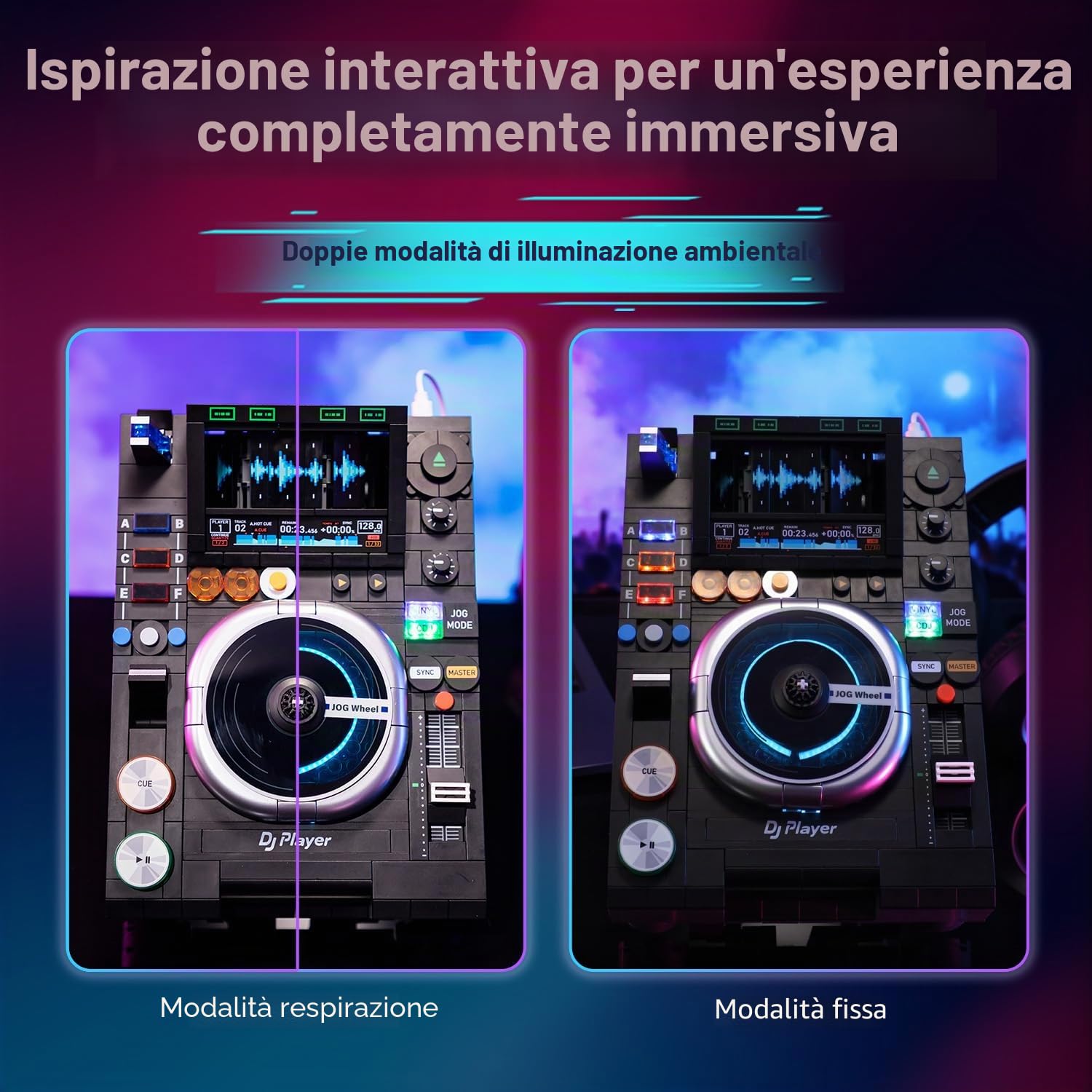 PANTASY Set di mattoncini per DJ con riproduzione musicale Bluetooth, doppia modalità di illuminazione, supporto regolabile, modello interattivo per bambini e adulti