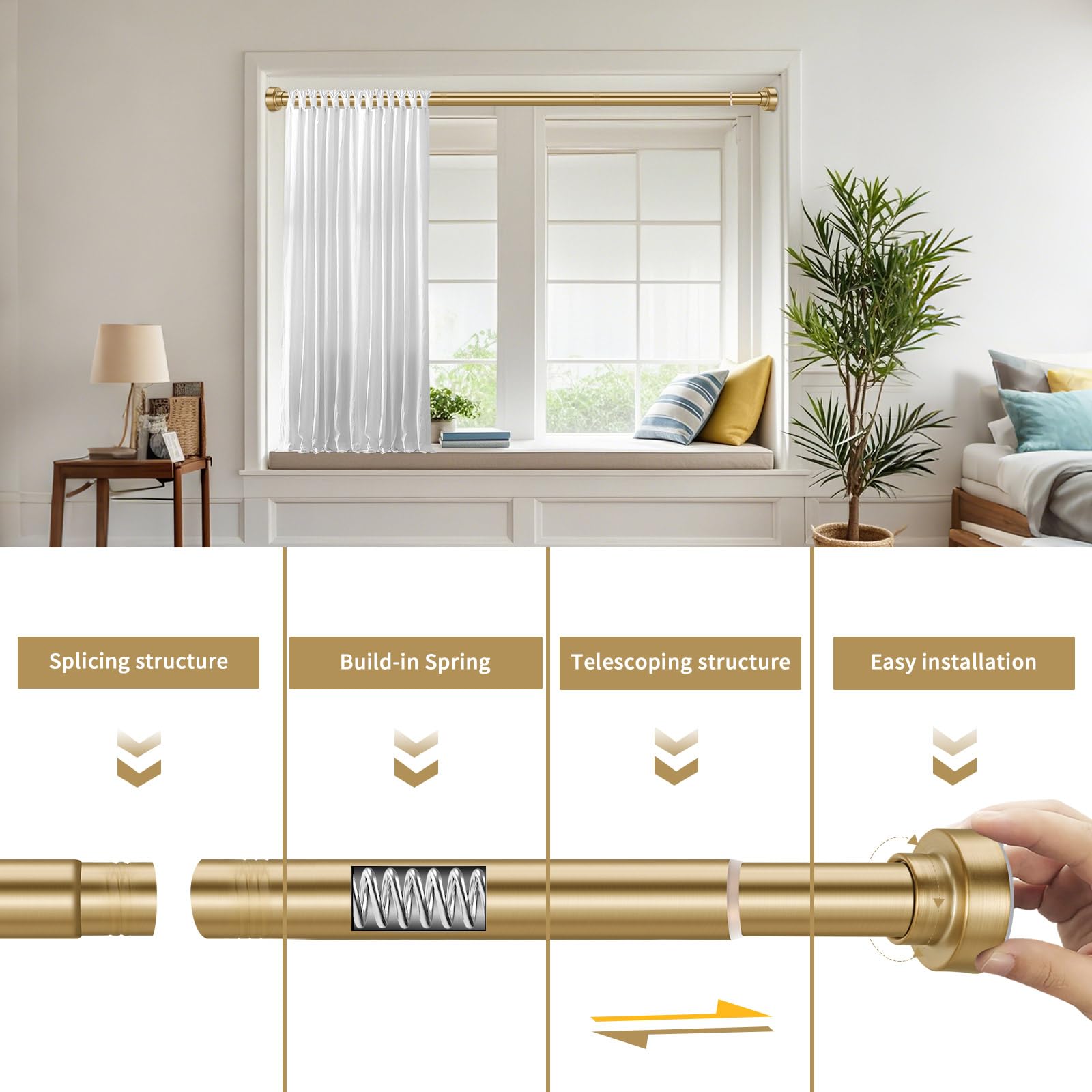 YNL Ausziehbare Duschvorhangstange, verstellbare Federspannung Gardinenstange ohne Bohren, rutschfest, rostet nicht, Edelstahl, für kleine Fenster, Waschküsche, Eingang, 86-167 cm, goldfarben