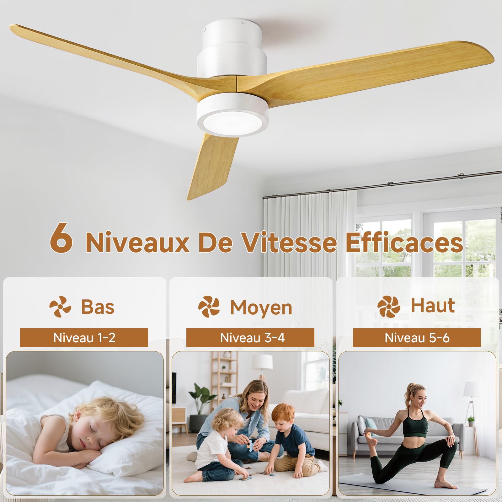 Ateroll Ventilateur Plafond Silencieux, Ventilo Plafond Avec Lumière Et Télécommande, 132 Cm, 3 Pales Bois, Avec Lumière Dimmable, Moteur DC Réversible, Fonction Été-Hiver, 6 Vitesses, Minuterie