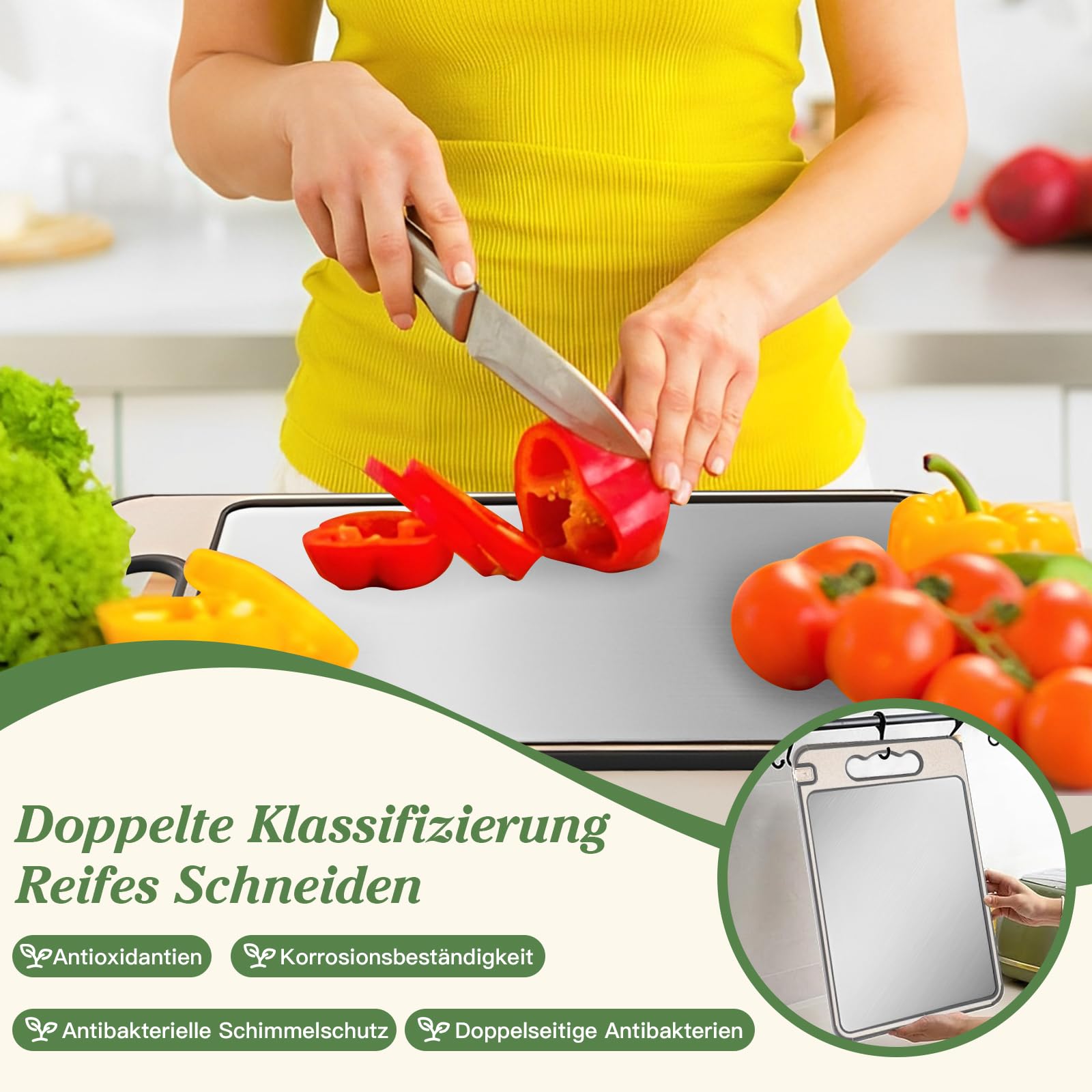 Planche à Découper Inox Double Face Silicone Antidérapante pour Cuisine Viande Poisson Fruits Légumes