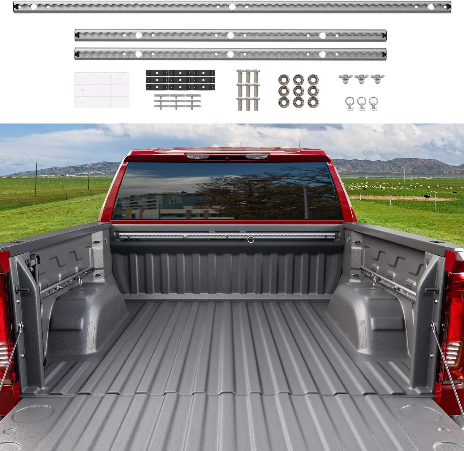 Trail Rail System Compatible with 19-25 Chevy Silverado Trail Rail GMC Sierra 1500 Tie Down Rails Replacement for 2019-2025 Chevy Silverado Accessories (Side+Front Trail Rail)