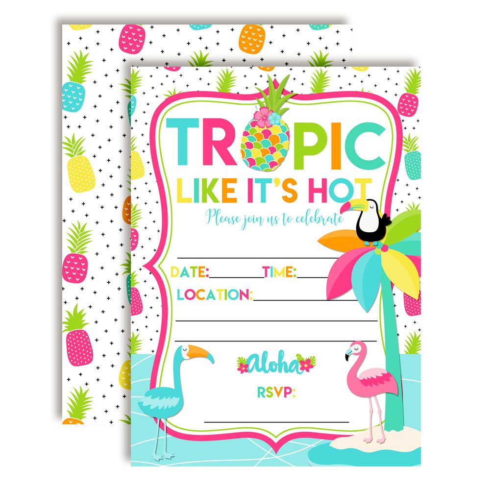 Tropic Like It's Hot Tropical Summer Birthday Party Invitations, 20 5x7 Fill In Cards with Twenty White Envelopes by AmandaCreation