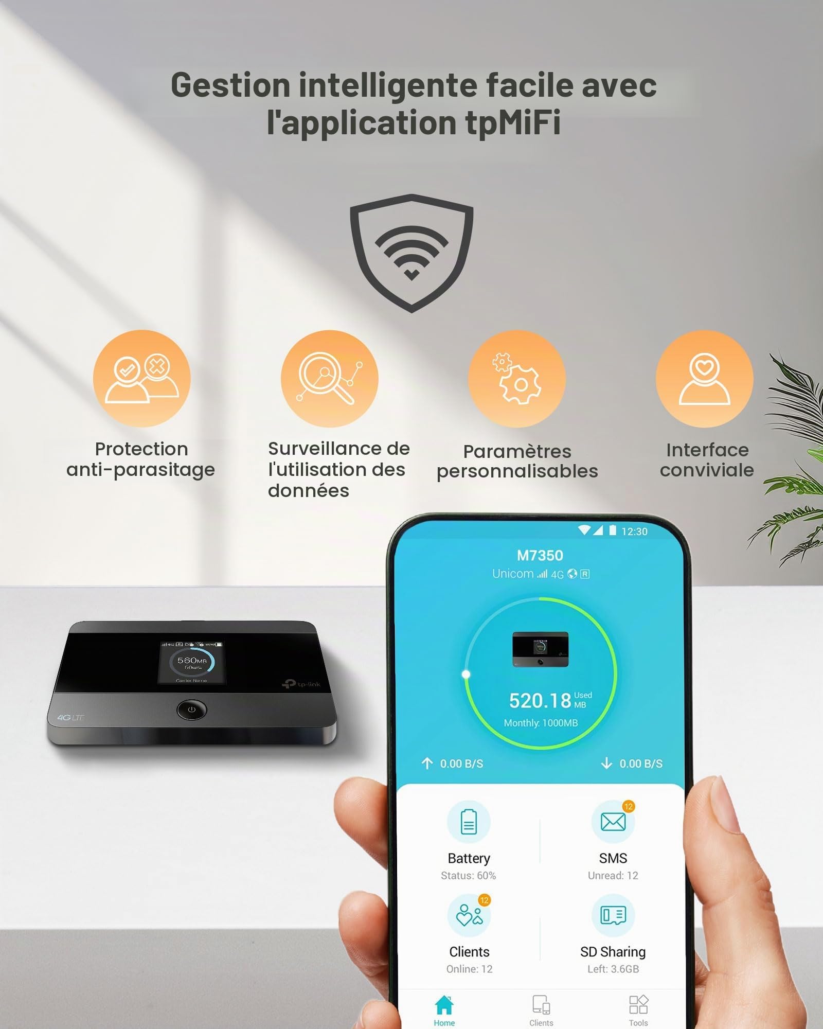 TP-Link M7350 4G LTE MiFi, Portable Travel Wi-Fi, SD Card Slot, Unlocked Mobile Wi-Fi Hotspot, 8 Hours Long Lasting Battery, Easy tpMiFi App Management, Black
