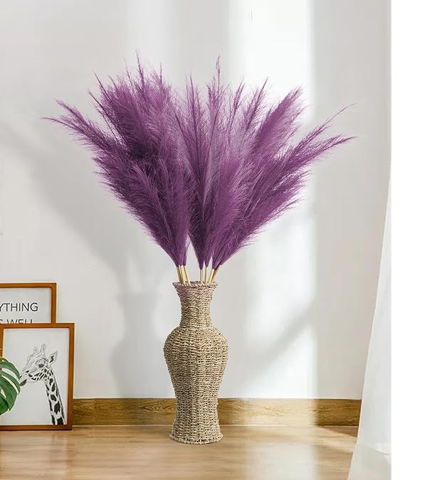 MUUNC 9 Pcs 45" Tall Pampas Grass Purple Decor, Long Stem Artificial Flower Floor Vase Large Faux Floral Pompas Fake Plants Dried Bouquet Arrangement Vase Filler for Boho Home Wedding Decoration by MUUNC - Used condition - Image 2