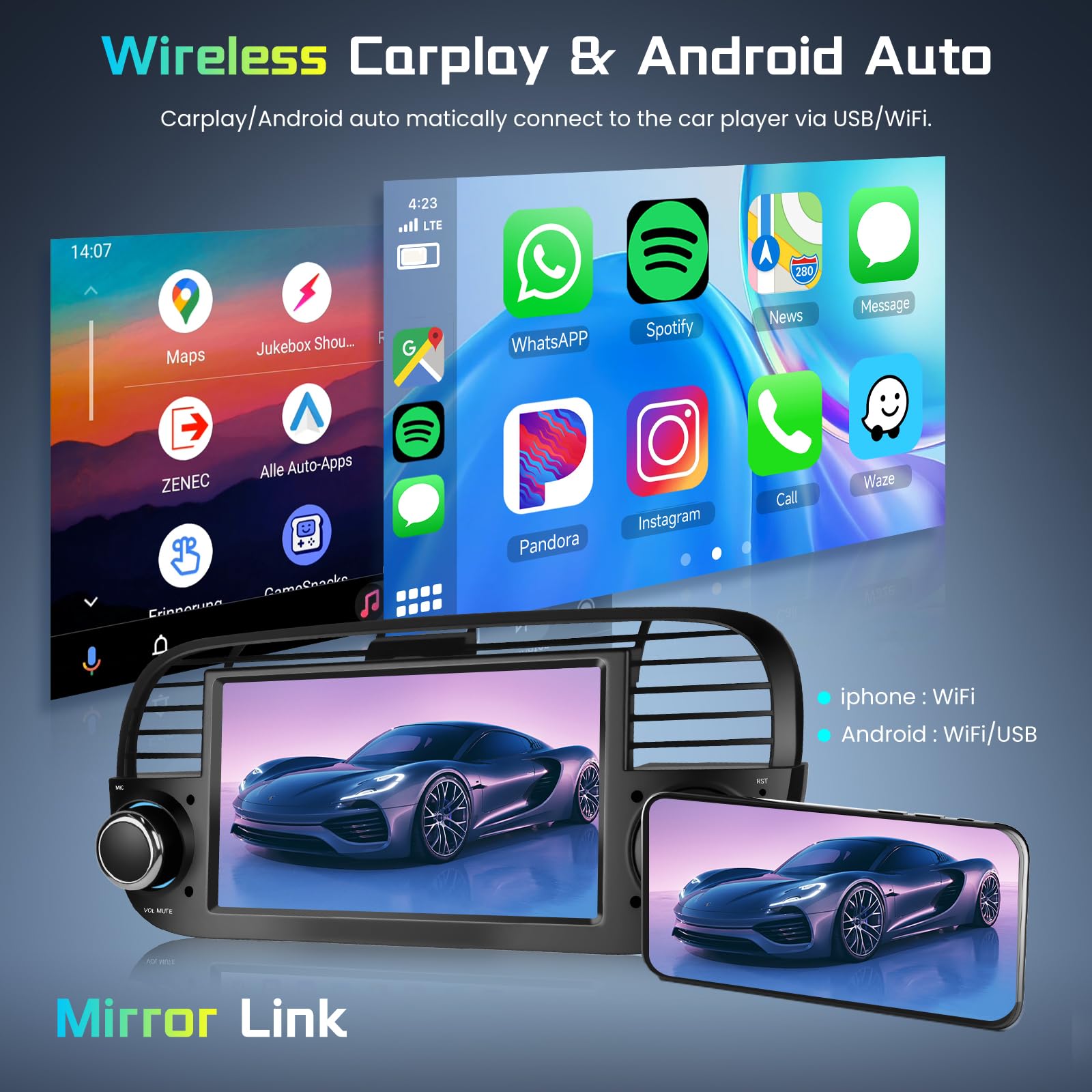 Hodozzy 2G+64G Autoradio für FIAT 500 2007-2015 Wireless Carplay Android Auto, Radio 2 Din 7 Zoll Touchscreen mit Bildschirmo GPS Navi Bluetooth WiFi, FM/RDS Canbus USB Bunte Lichter Rückfahrkamera