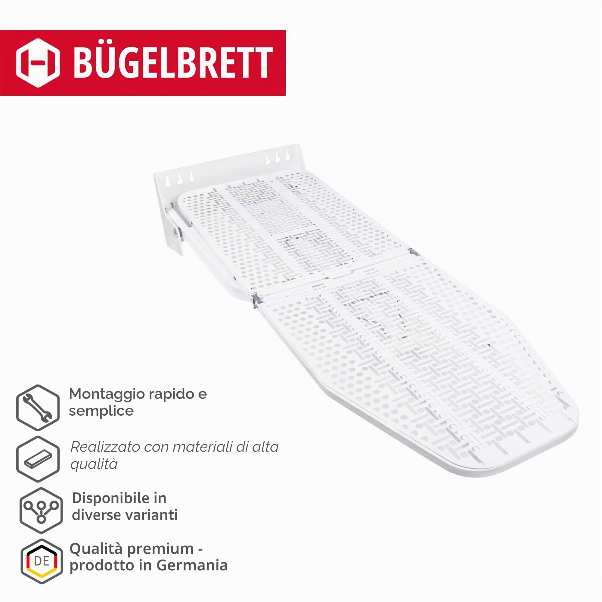 Gedotec Asse da stiro pieghevole IRONFIX copertura dell'asse da stiro argento | ruotabile di 180° in acciaio temprato bianco | Asse da stiro a muro | Made in Germany