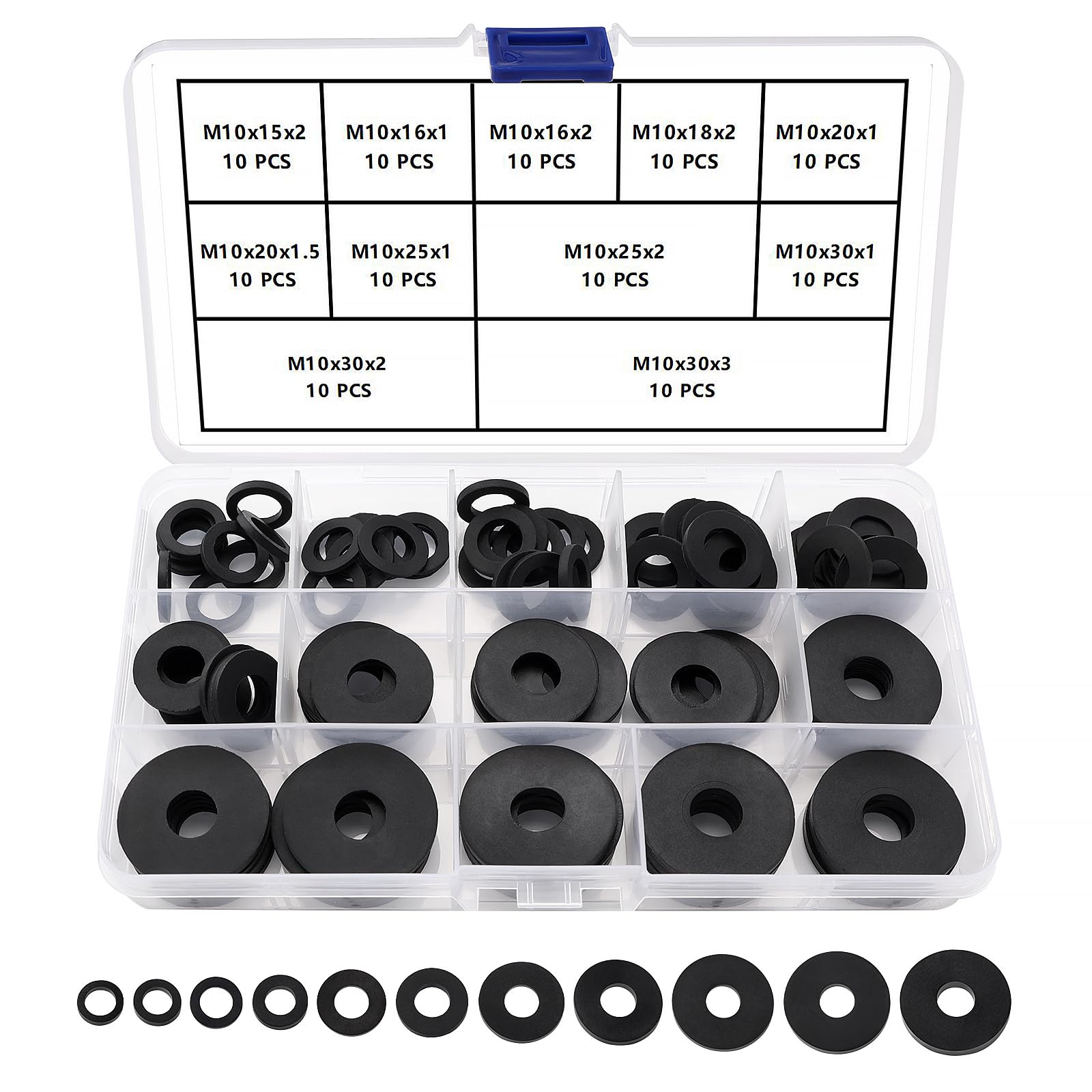 YIXISI 110 PCS M10 Silicone Flat Washers Assortment Kit, Sealing Silicone Washers, Vibration Damping Grommets, for Bolts/Faucets/Screws/Garden Hose/Plumbing, Black