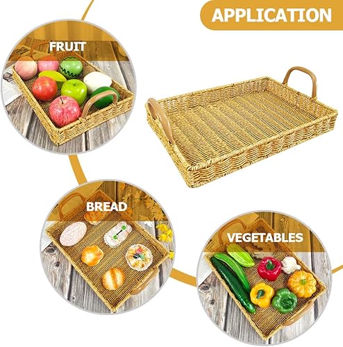 Miniatura 9 de Bandeja de almacenamiento de ratán cesta de exhibición de dulces de frutas tejidas con asa, pasto marino, aperitivos, panadería, papas fritas, plato