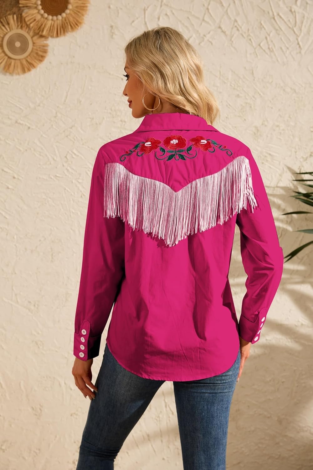 CORSKI Women's Western Cowgirl Fringe Shirt Long Sleeve Floral Embroidered Snap Collared Boho Rodeo Casual Blouses Shirts - Image 5