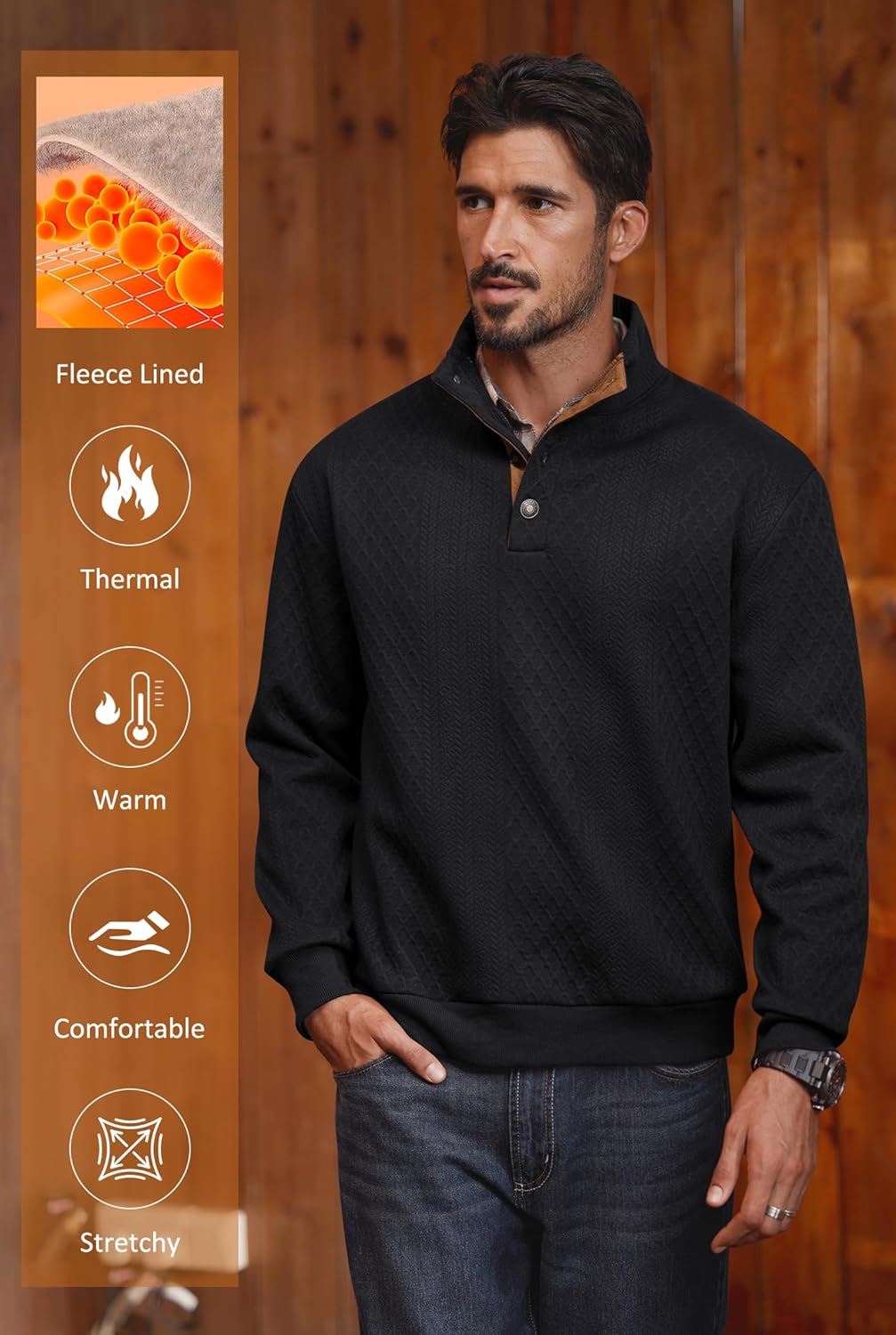 Men's Textured Thermal Sweatshirt Heavyweight Fleece Lined Pullover with Elbow Patches (S-XXL) - Image 5