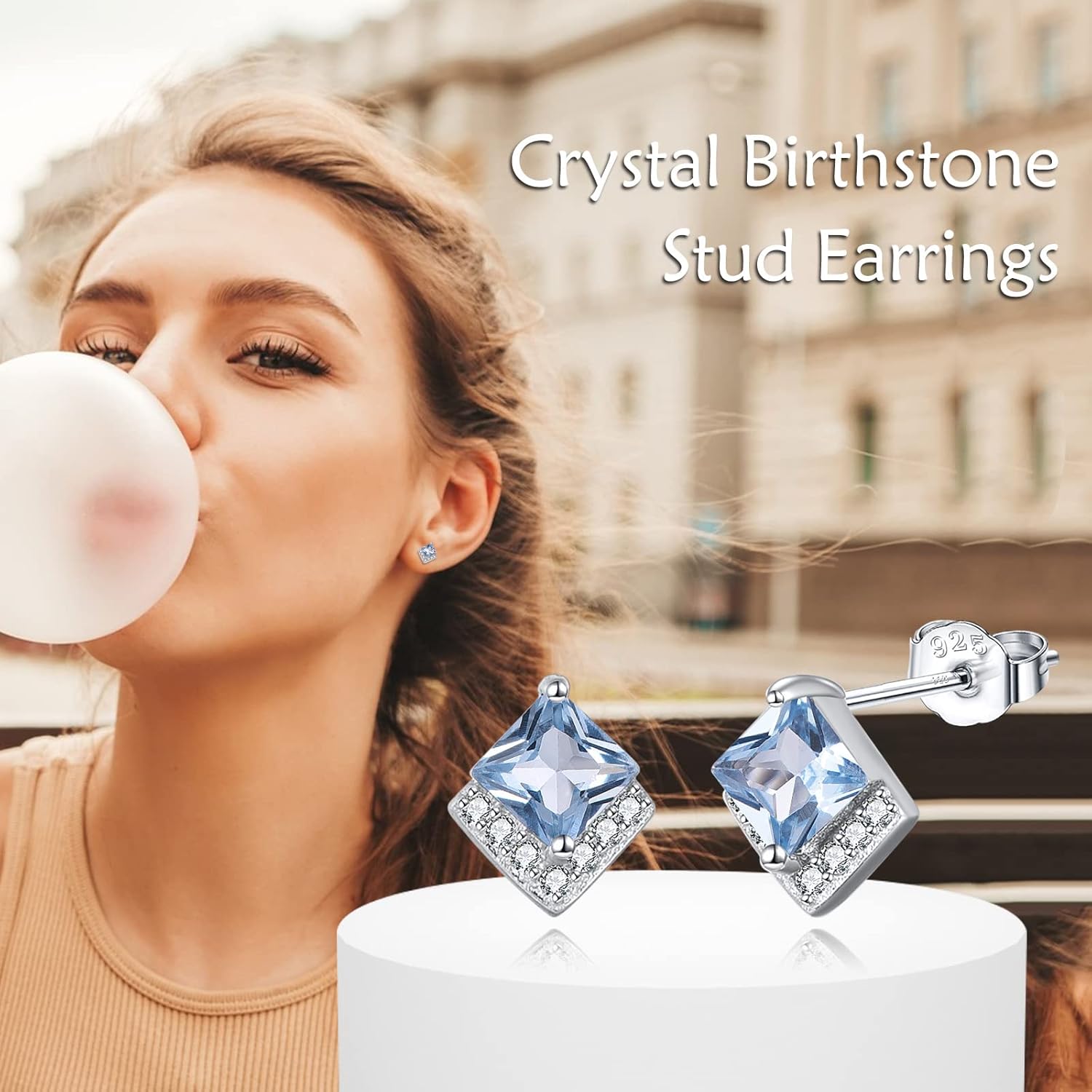 Birthstone Stud Earrings Sterling Silver Square Created Crystal Earrings Cubic Zirconia Hypoallergenic Piercing Jewelry Small Gifts for Women Mothers