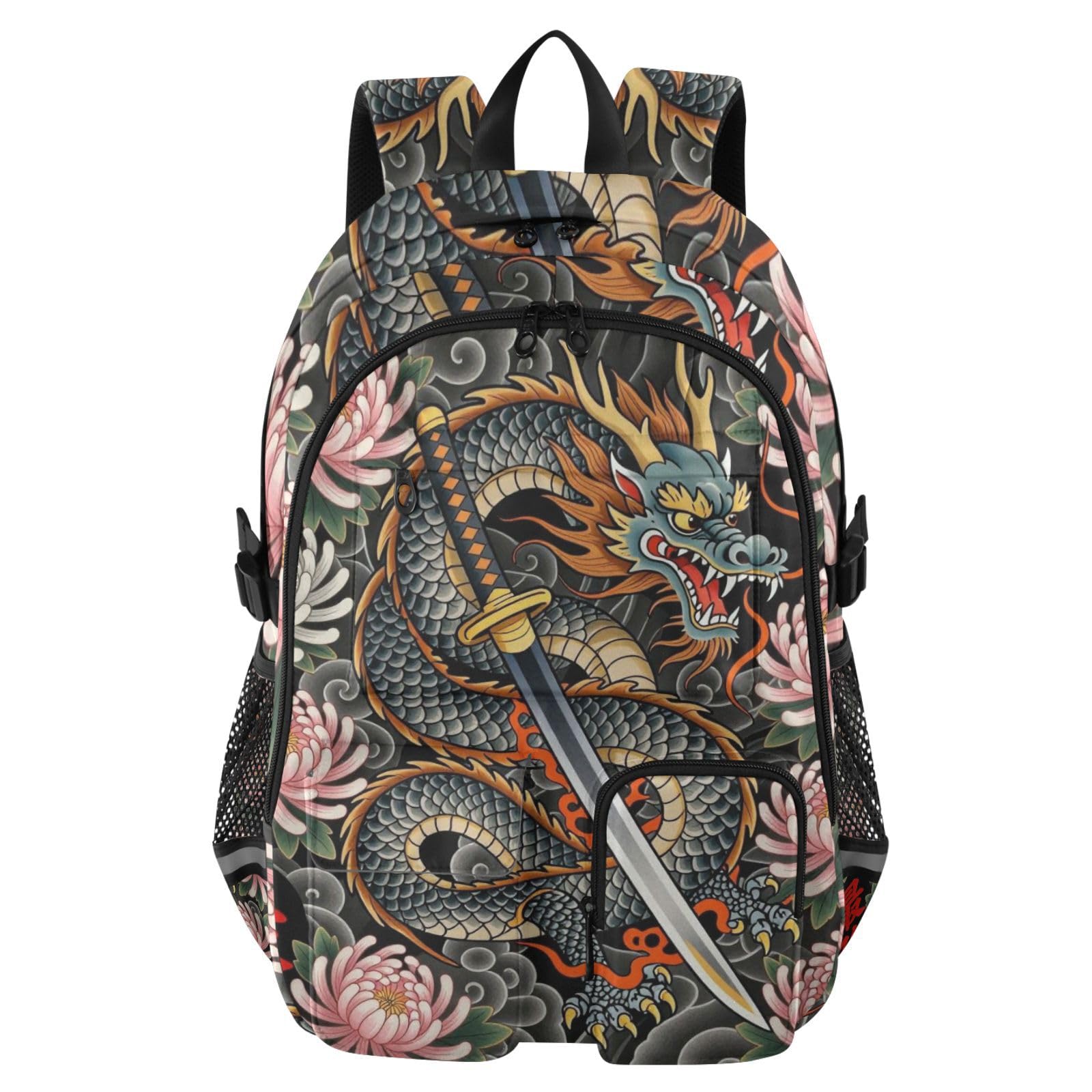 Grand sac à dos de voyage pour homme et fille Motif dragon et fleurs japonaises 44,5 cm