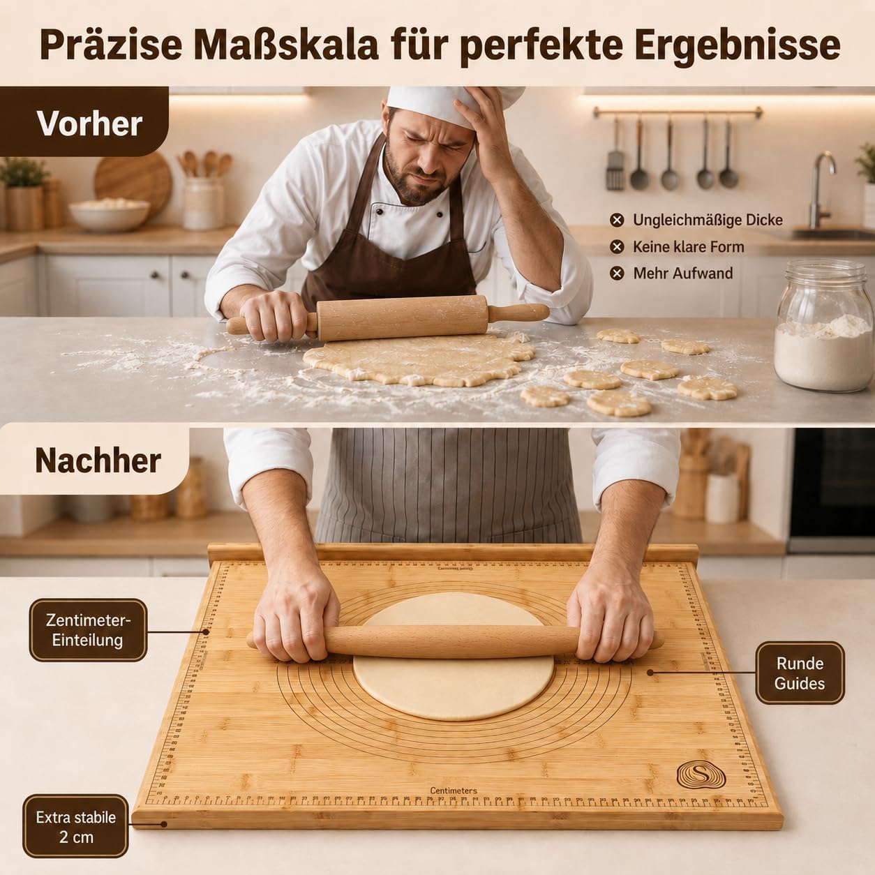 Holzbackbrett Teigbrett Bambus 50x60cm franz. Nudelholz Messskala