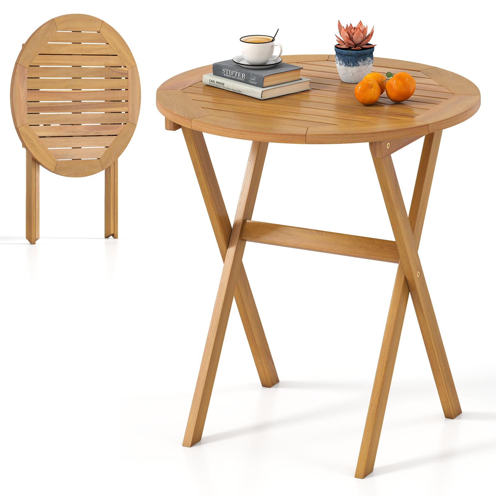 COSTWAY Tavolo Pieghevole da Esterno, Tavolo Bistro Rotondo Ø 67 cm, Legno di Acacia, Struttura a X, Piano a Doghe, per Giardino, Balcone, Cortile, Portata 80 kg