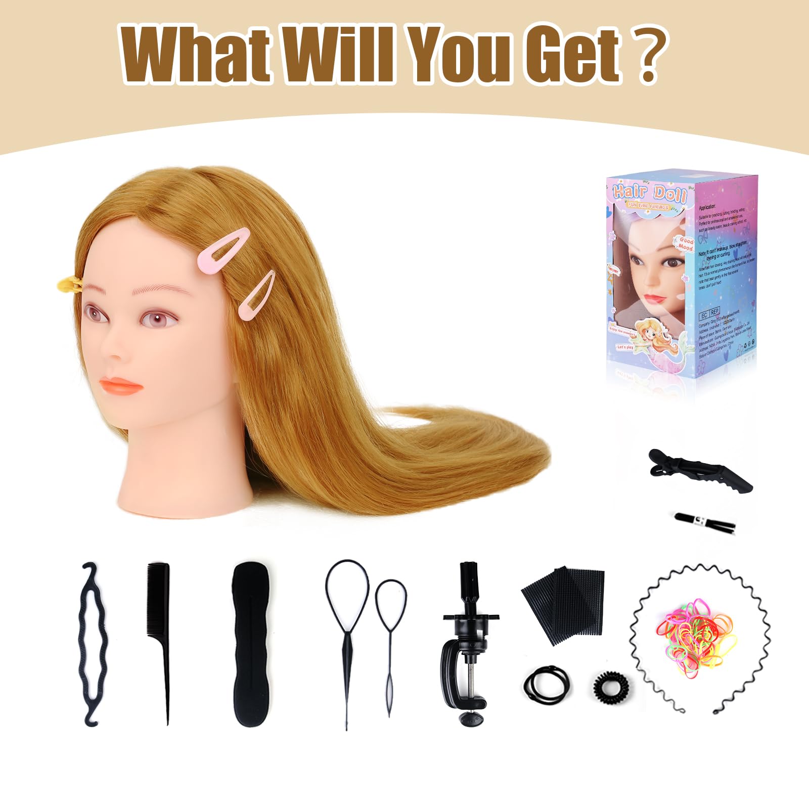 Testina Parrucchiere Capelli, TopDirect 66cm/26" 70% Veri Capelli Testa per Parrucchieri Testa per Acconciature Manichino Cosmetologia Formazione con Morsetto + DIY Accessori per Capelli