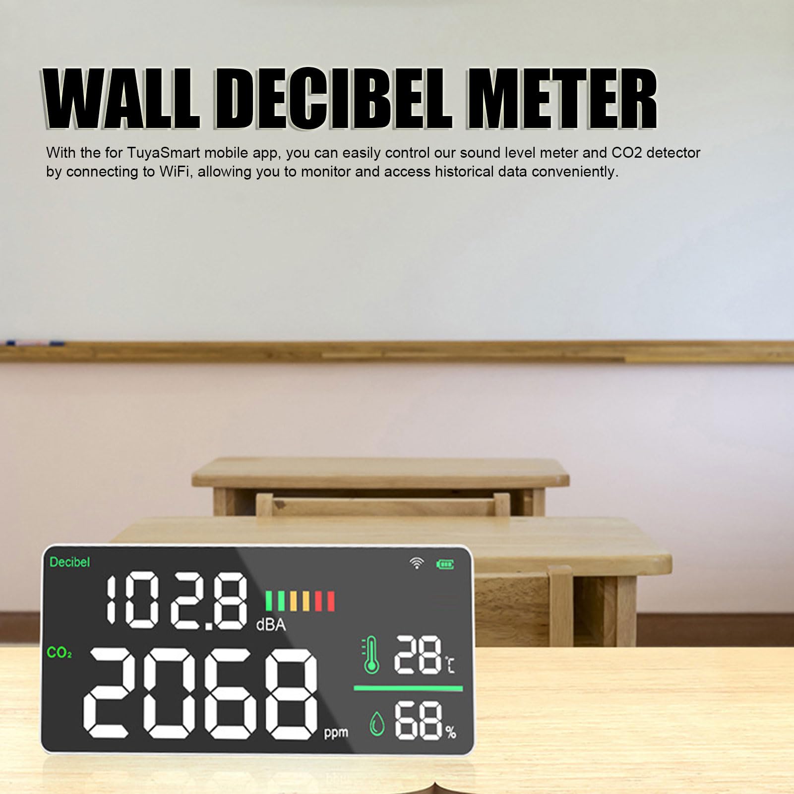 Wall Mount Sound Level Meter, High Accuracy Noise CO2 Detector for TuyaSmart APP, Rechargeable Battery, 10ft USB Cable Included with Wall Mount Holes
