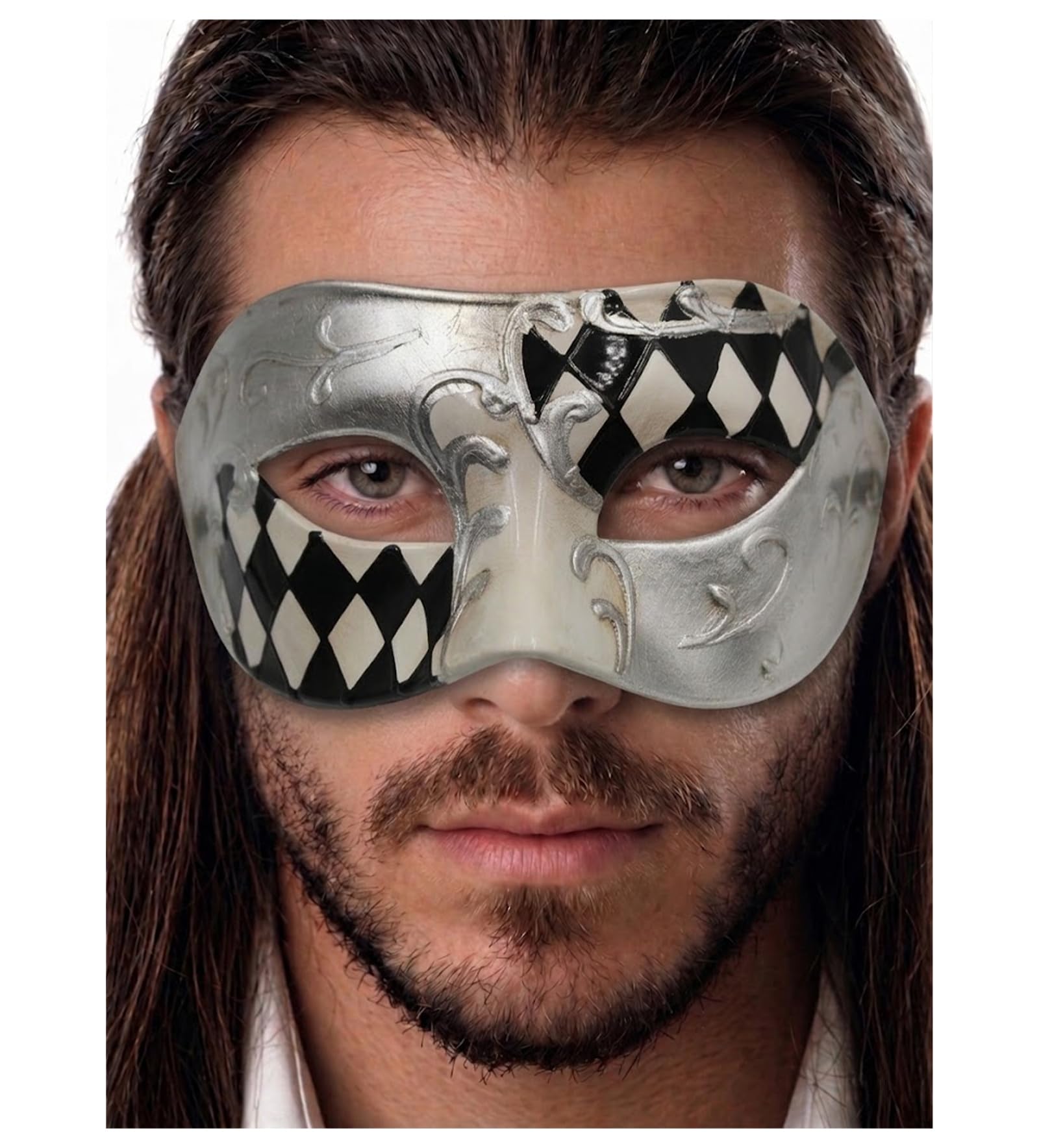 Masquerade Mask for Men - Antique Look Mask for Halloween, Venetian Party, Masquerade Party, Mardi Gras, & Prom, Black/Silver Half Checkered, One size โ image 1