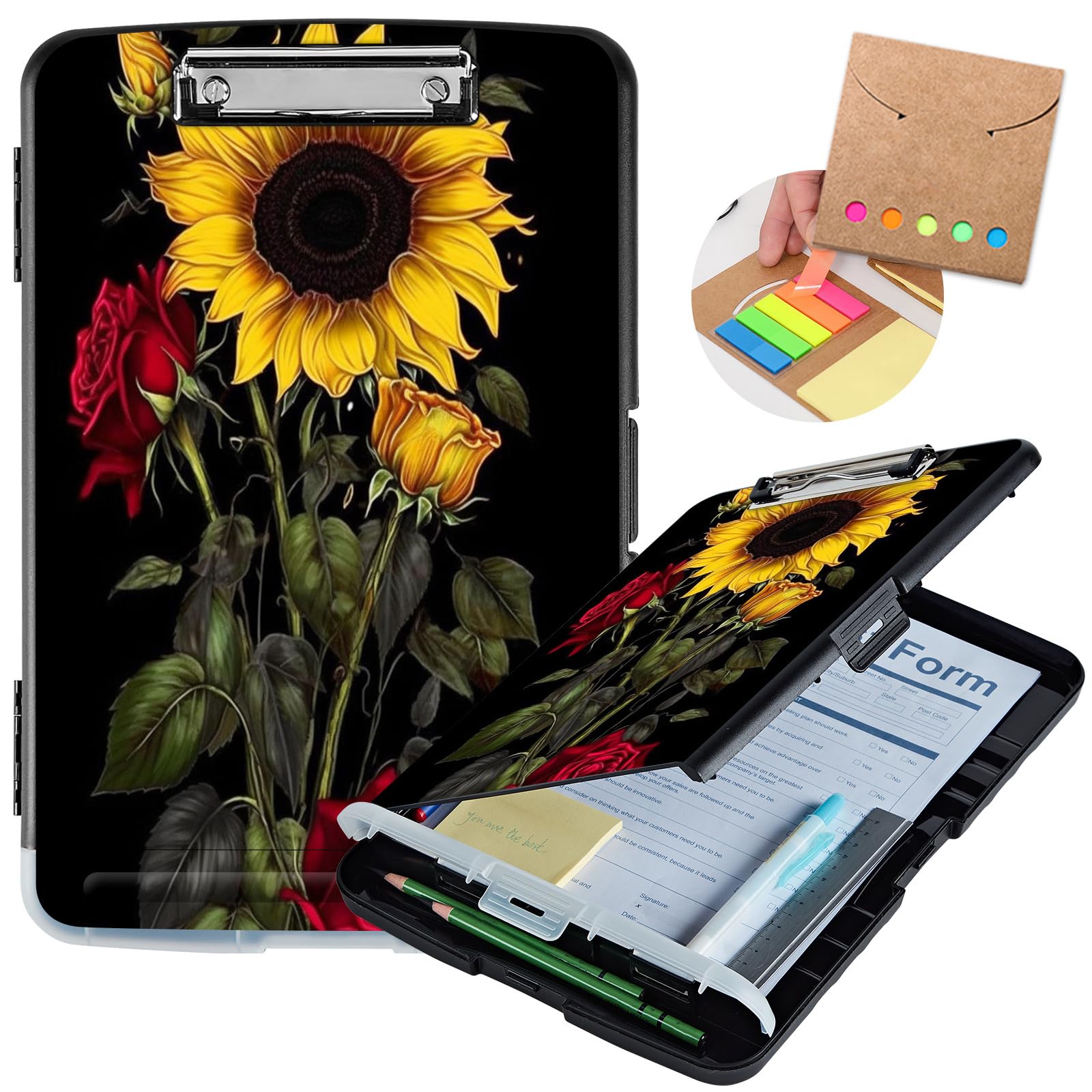 Clipboard with Storage,Heavy Duty Plastic Storage Clipboard with Low Profile Clip,Teacher Must Haves,Office Supplies,Sunflower Roses Flowers