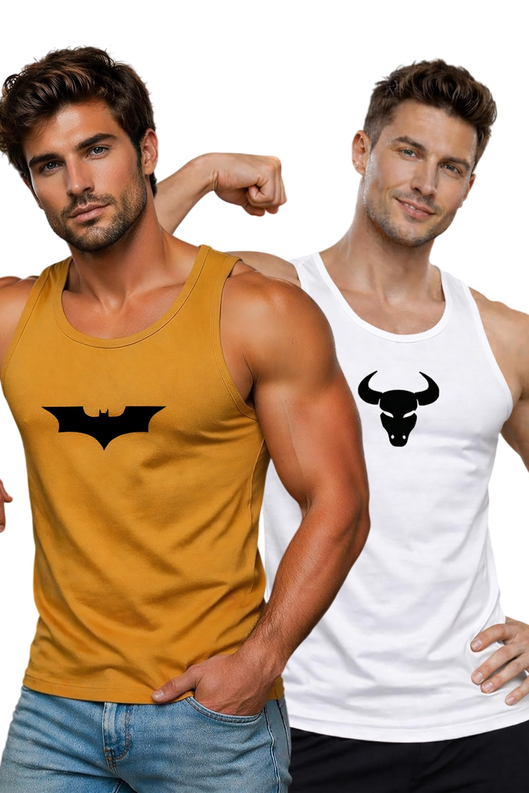 Polyester Letter Printed Vest for Men - Pack of 2 - Mustard & White | Round Neck | Sleeveless | Regular Fit | Summer & Gym Wear Tank Top for Men-image-46