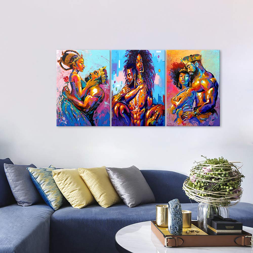 Set of 3 African King and Queen Canvas Wall Art, Black Art Paintings