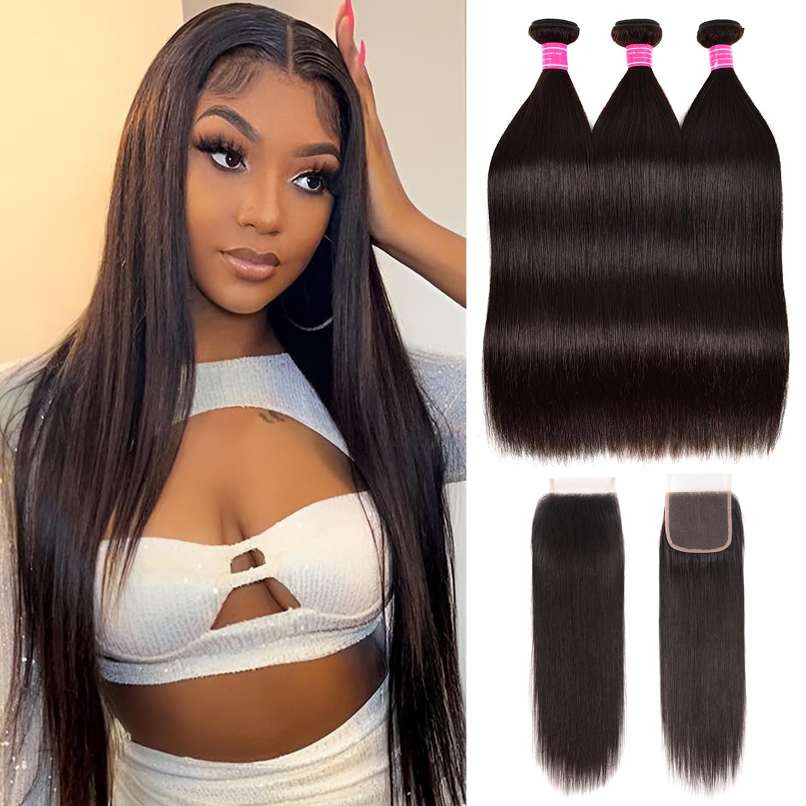 10A Straight Bundles with Closure Human Hair 20 22 24 with 18 Inch Brazilian Human Hair Bundles with Closure 100% Unprocessed Virgin Remy Straight