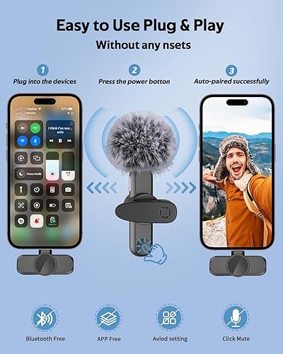 Miniatura 3 de Micrófono Lavalier inalámbrico para iPhone iPad, micrófono de solapa inalámbrico omnidireccional pequeño profesional inalámbrico para grabación de