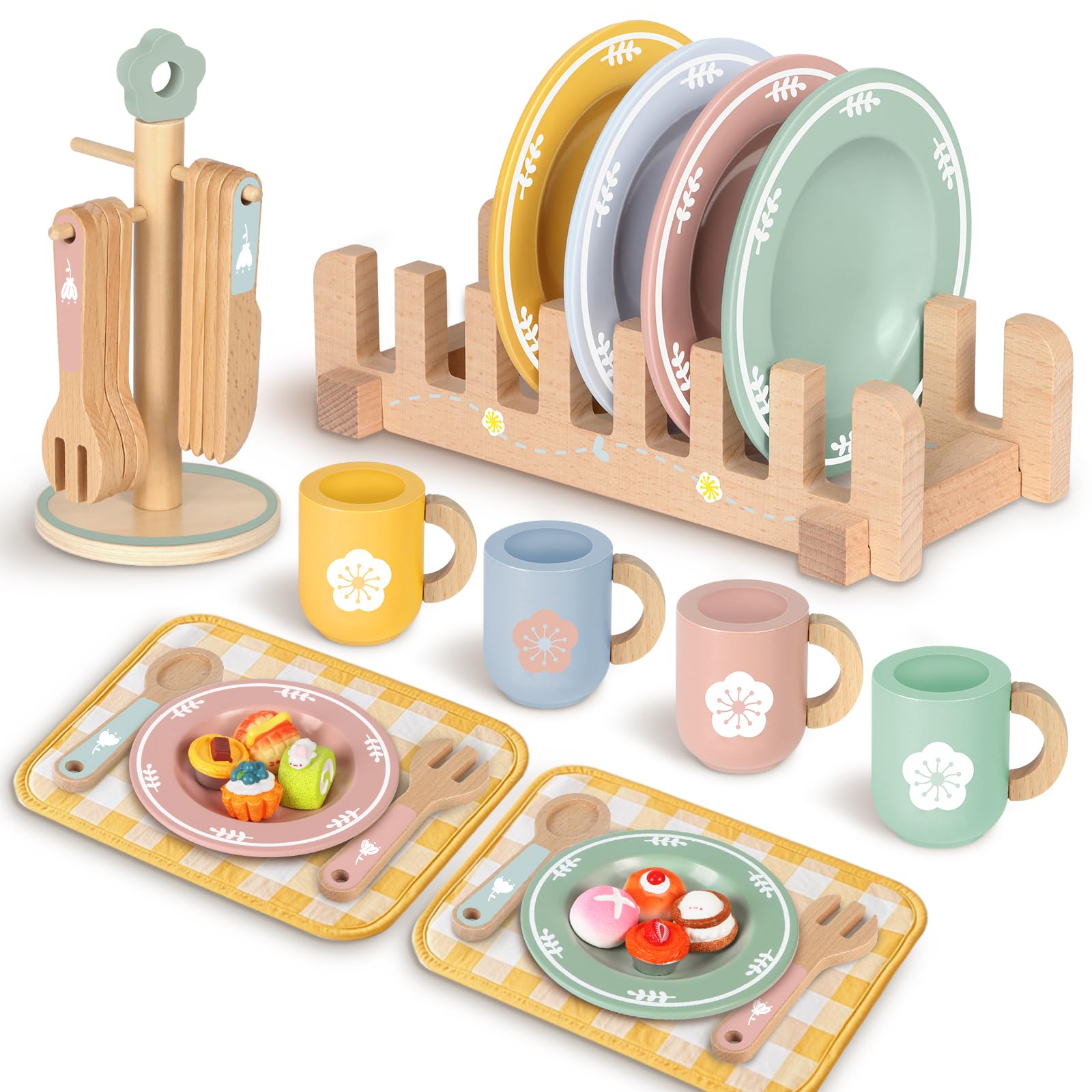 Charmofun Stoviglie Cucina Bambini in Legno, 30 Pezzi Accessori Cucina Bambini di Legno, Cucina Tea Party Regalo per Ragazze Ragazzi 4 5 6 7 8 anni