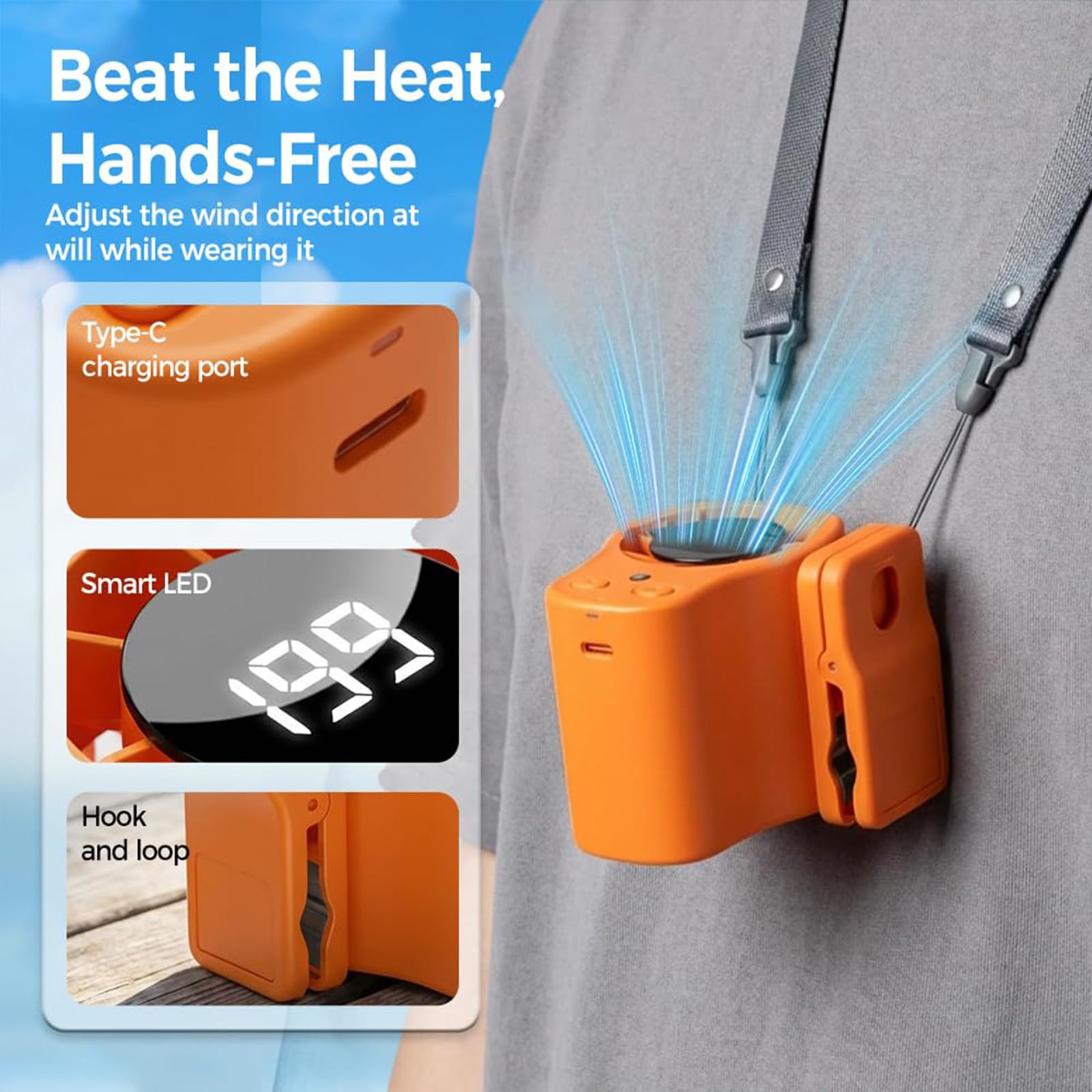 Ventilatore con clip per condizionatore d'aria da auto con display LED - Rotazione a 360°, 199 velocità e tecnologia semi-raffreddamento, ventilatore personale portatile ricaricabile tramite USB