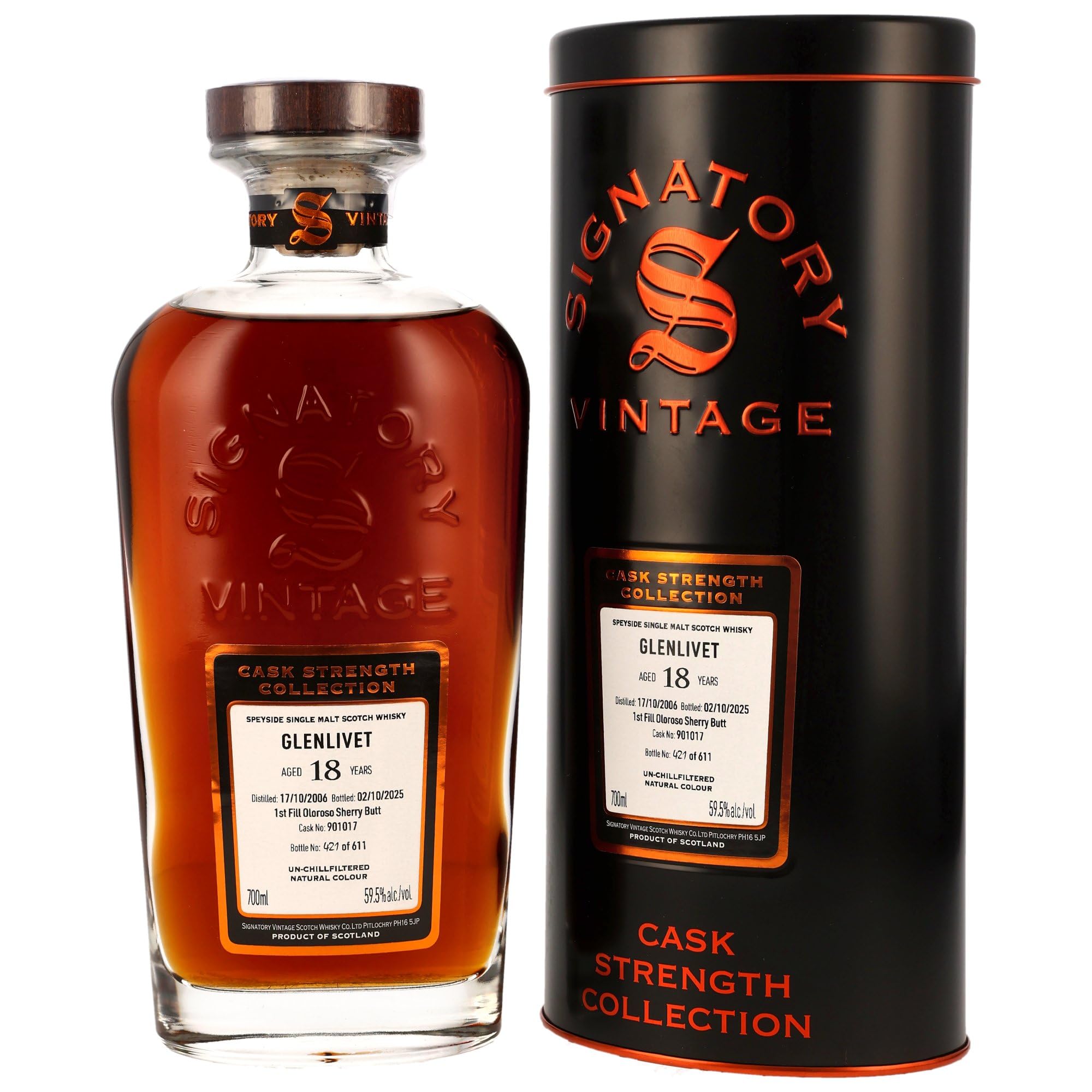 Glenlivet 2006 Signatory Vintage Cask Strength Single Malt Whisky 18 Jahre alt (1x0,7l)