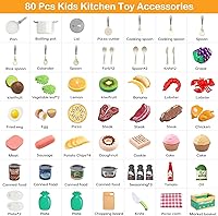 Vista 4 de Juego de cocina de 80 piezas, cocina para niños pequeños con ollas, sartenes, utensilios de cocina, alimentos, manta de picnic, frutas, verduras