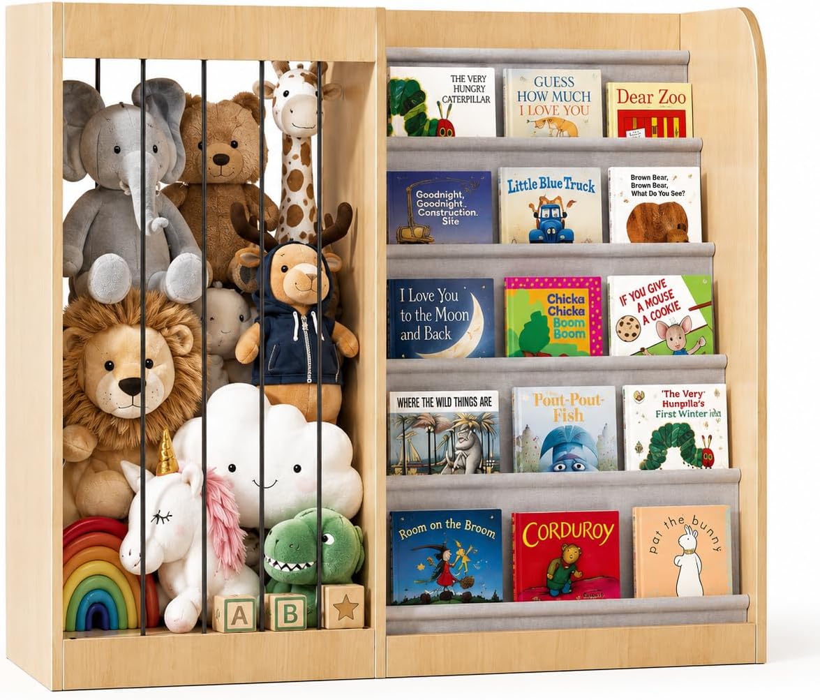 NACHES Kids Bookshelf with Stuffed Animal Zoo Net & Sling Rack