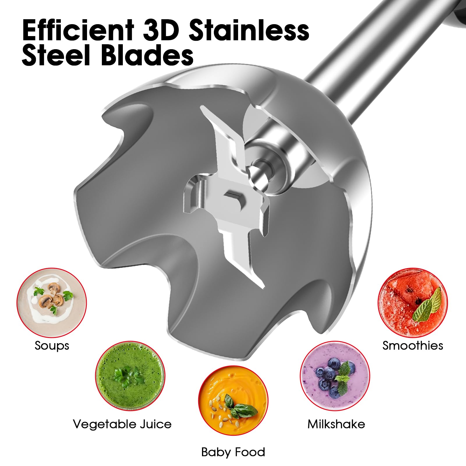 Blackcow - Juego de licuadora de inmersión de mano, licuadora de mano 500 W, 12 velocidades 5 en 1 para cocina, cuchillas de acero inoxidable 3D para sopa, procesador de alimentos para bebés, batidor,