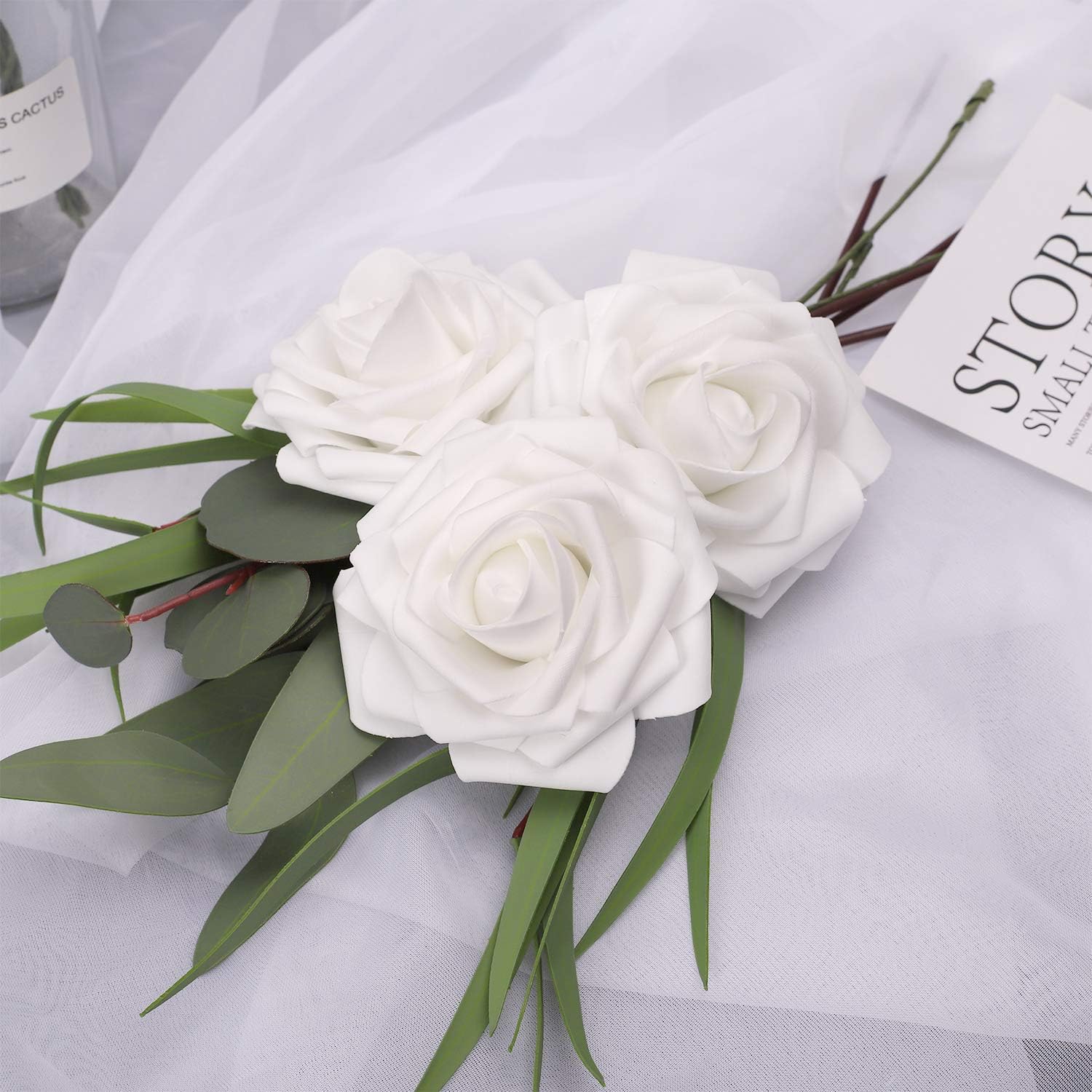 HOHOTIME Large Artificial Flowers 42pcs, 3.75 inches Real Touch Roses, Foam Roses with Leaves and Stems for Decoration Crafts Wedding DIY Bridal Shower Party Home Decor