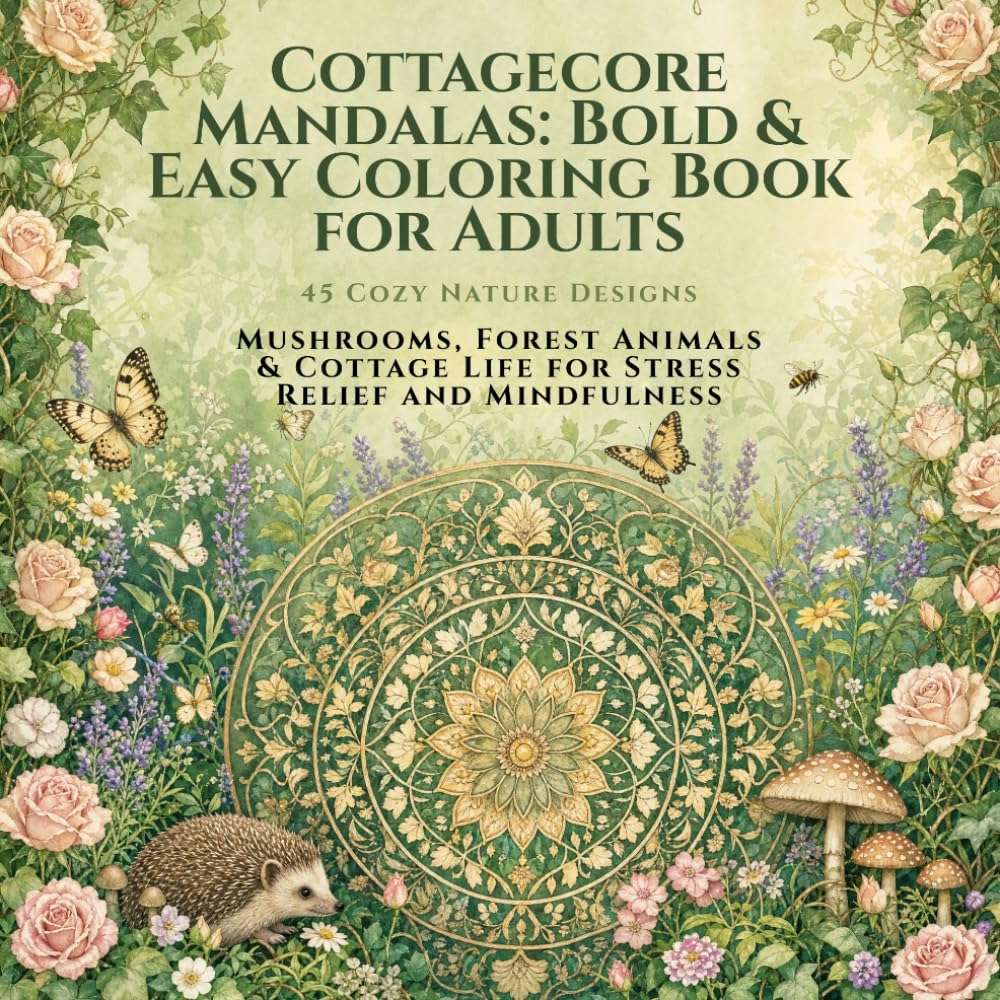 Cottagecore Mandalas: Bold & Easy Coloring Book for Adults: 45 Cozy Nature Designs with Wildflowers, Mushrooms, Forest Animals & Cottage Life for Stress Relief and Mindfulness