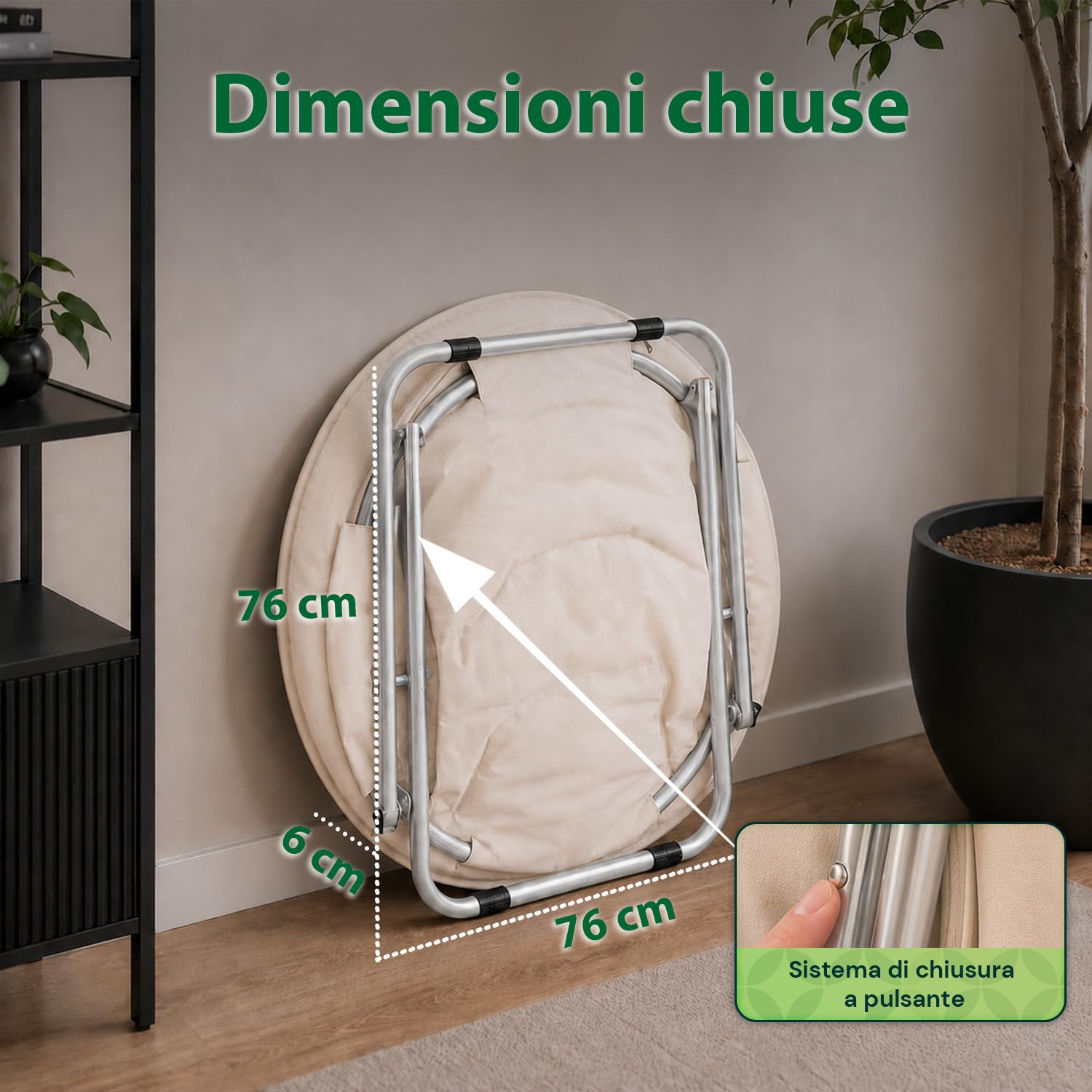 Poltrona Pieghevole Imbottita Tessuto Oxford Acciaio Antiruggine Interno Esterno 100 kg L80xP36xA80 cm Beige