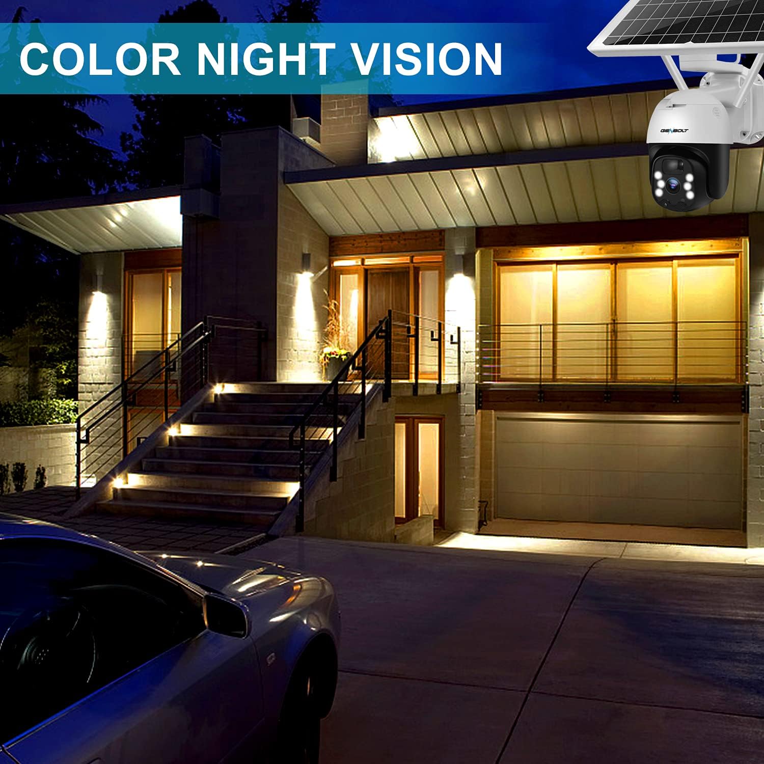Image showing a house at night with the GENBOLT camera providing clear color night vision.
