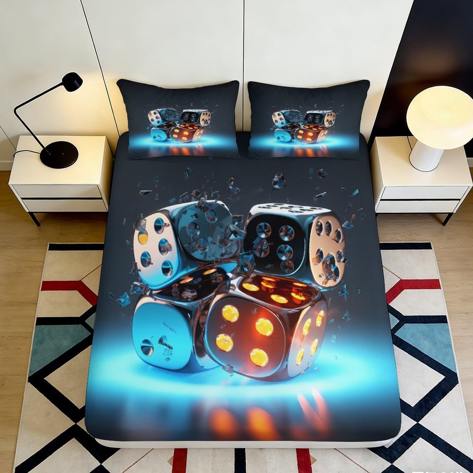 3D Printed Dice Explosion Fitted Sheet Microfiber Vibrant Neon Dice Bed Cover for Bedroom Dorm Mattress Protection Decor 90x200x25cm