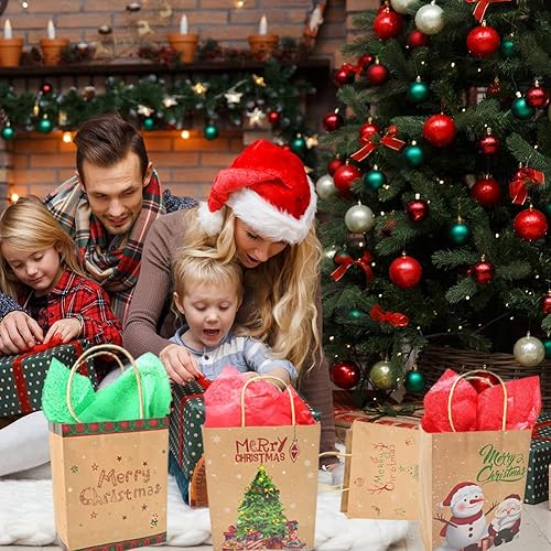 Miniatura 5 de 20 bolsas de regalo de papel kraft de Navidad, bolsas de regalo de papel tradicionales con impresiones navideñas, 4 estilos de bolsas de papel de