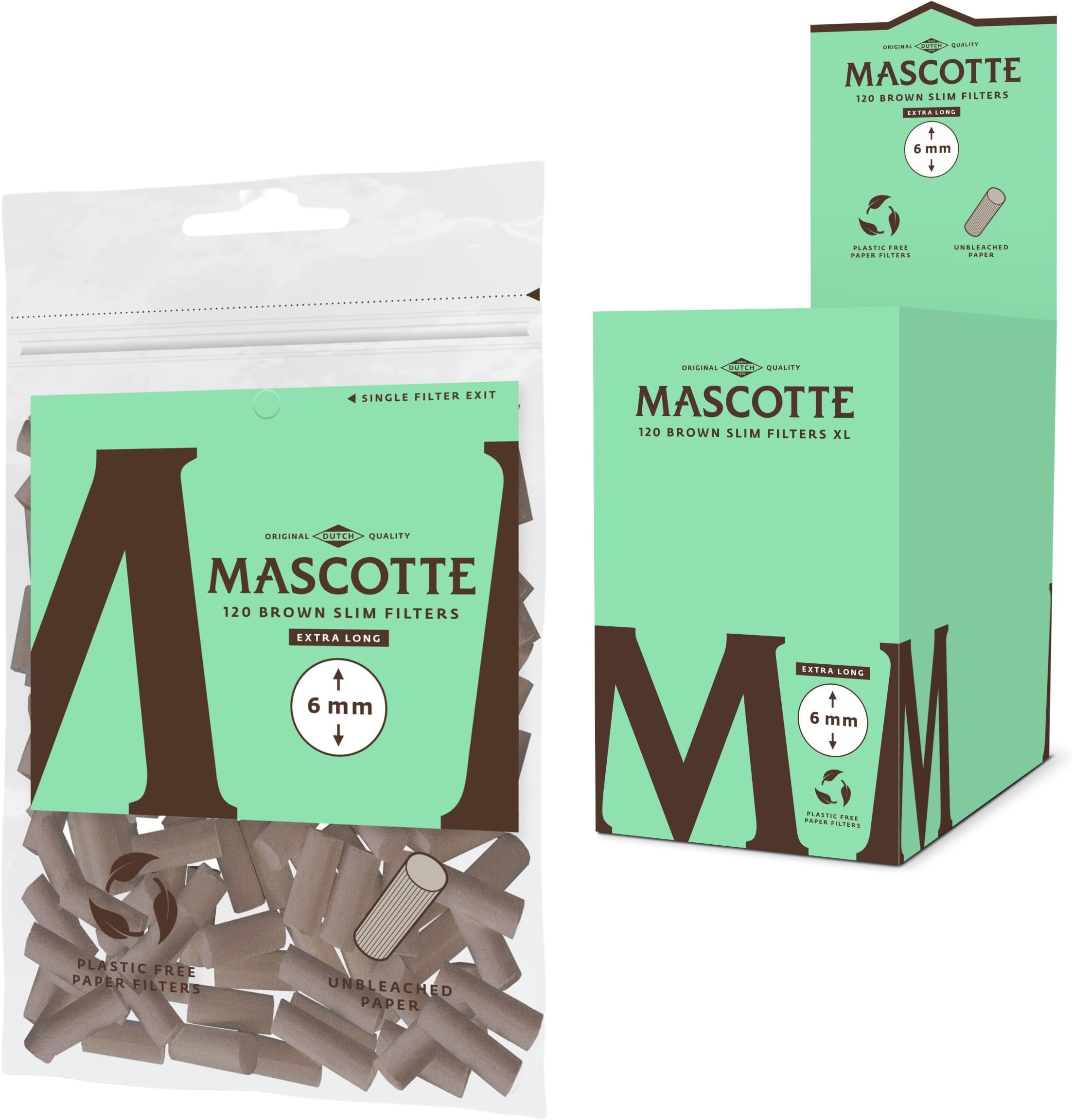Mascotte® Brown X-LONG Slim Paper Filter 6 mm Plastic-Free Unbleached Extra Long 19 mm Cigarette Filter Resealable Made of Recycled Plastic 20 x 120 Screw-In Filter Pack of 20