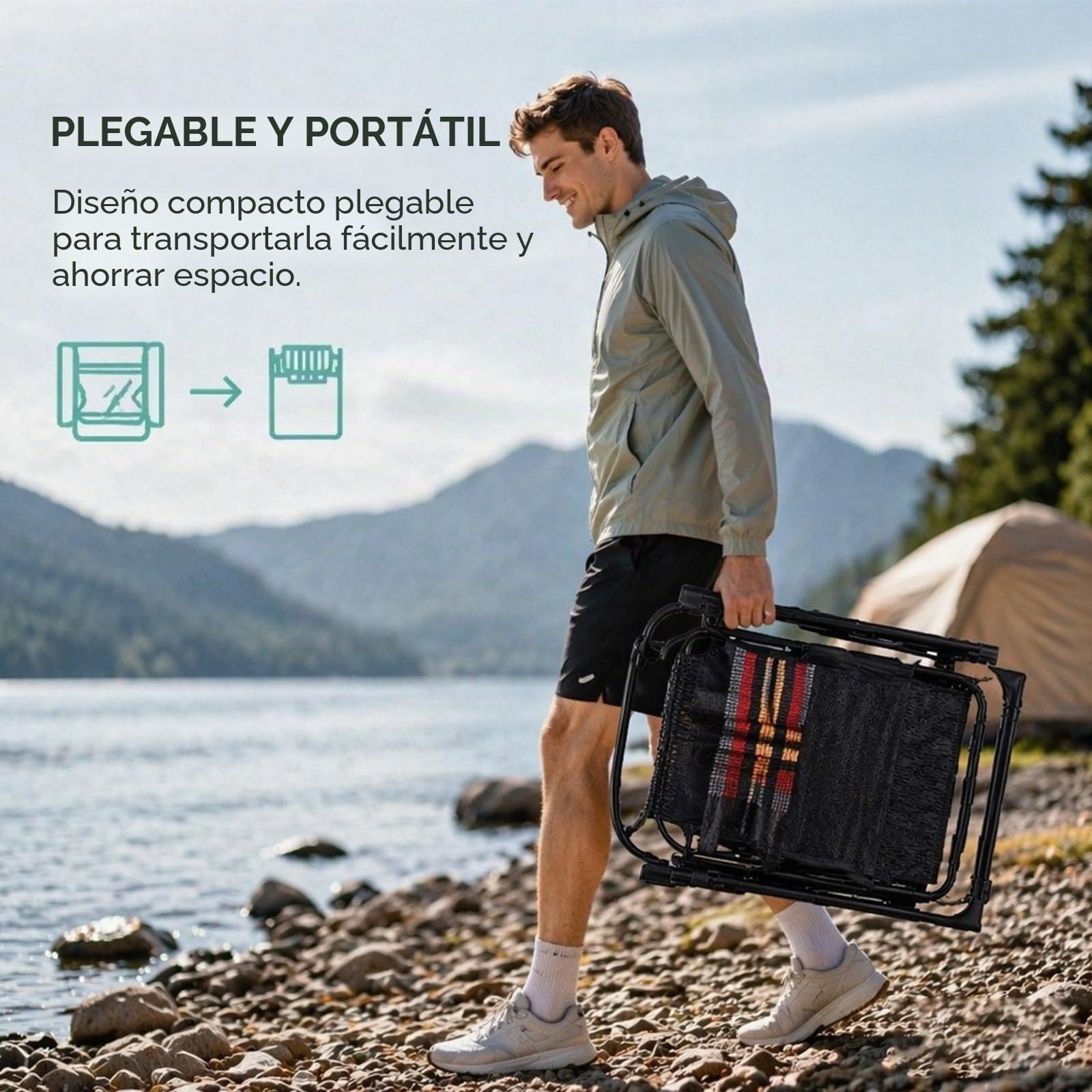 Tumbona Plegable hasta 200 kg, Tumbona Ajustable con cojín Cervical y Soporte para Bebidas, Tumbona ergonómica para jardín, balcón y Playa (Negro)