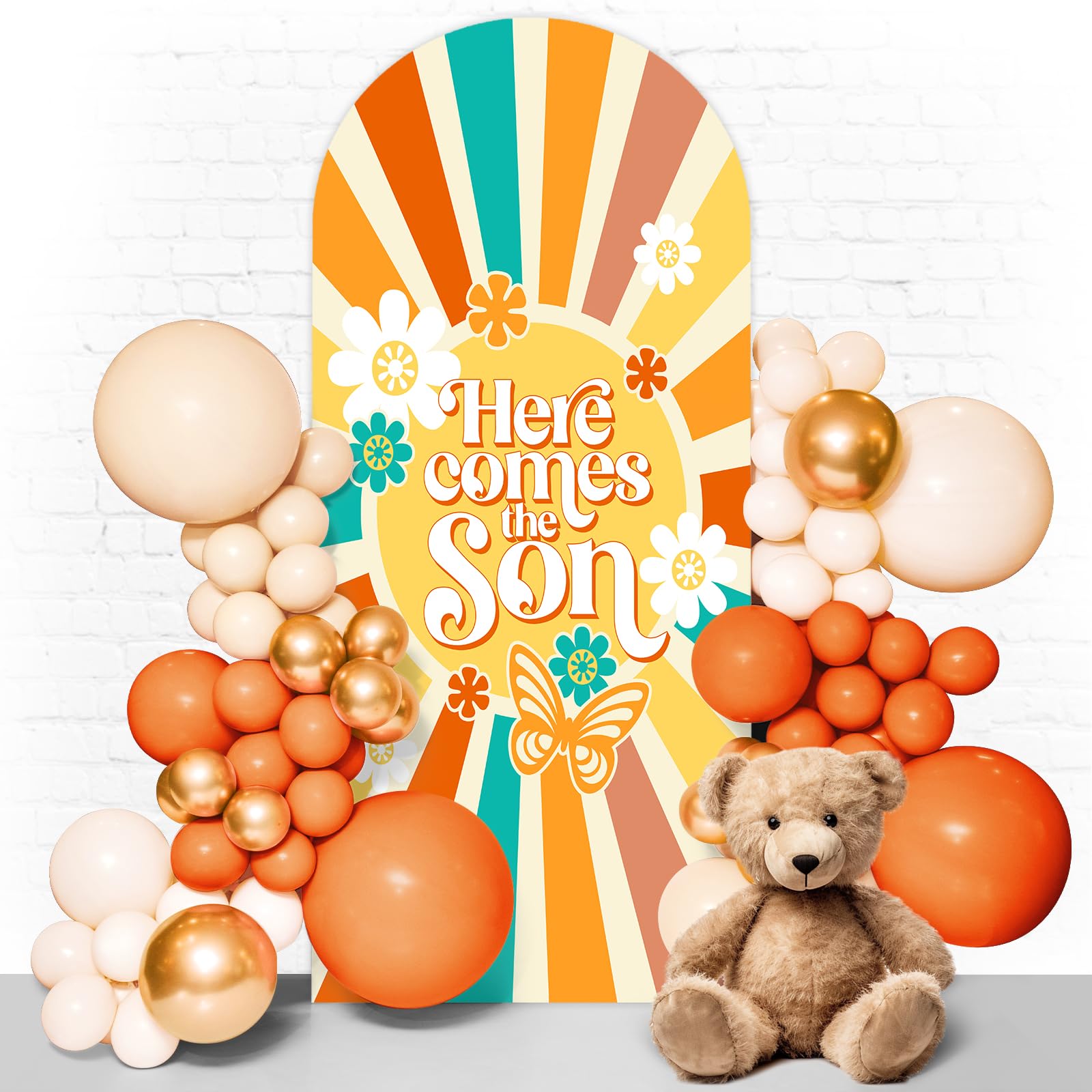 Sunshine Baby Shower Backdrop 7.2ft Here Comes The Son Spandex Arch Backdrop Cover 2-Sided Daisy Round Top Arch Covers Stretchy Backdrop for Boys Baby Shower Party Photo Booth Studio Props