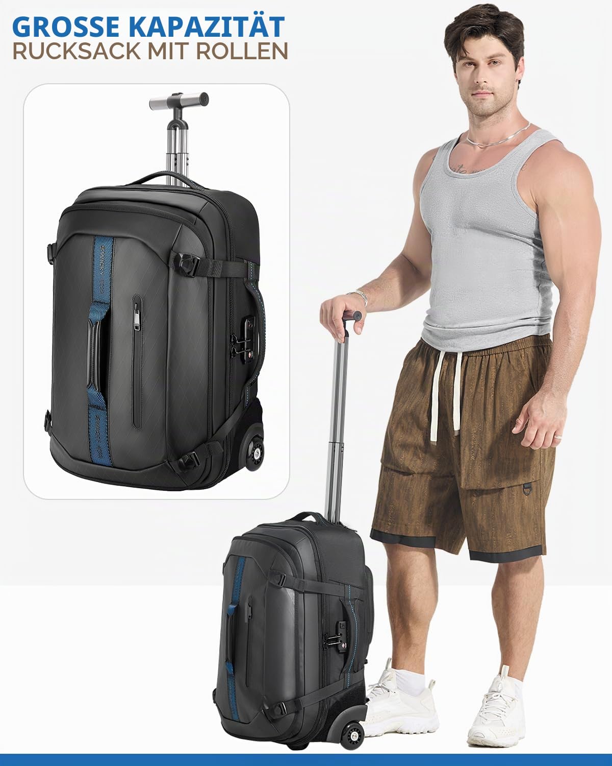 Trolley Rucksack mit Rollen – 45L Rollbarer Laptop-Rucksack inkl. 2 Packwürfeln, Wasserabweisendes Handgepäck für Flugzeug & Business, Koffer-Rucksack für Herren zum Reisen & Pendeln, Schwarz
