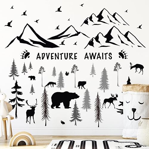 Miniatura 6 de Chinco 4 hojas de calcomanías de pared de montaña, calcomanías rústicas de pared para guardería, bosque de ensueño con pinos, ciervos, calcomanías